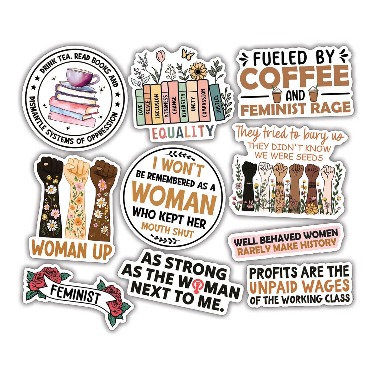 10pcs Feminist Sticker Sheet, Empowering Vinyl Decals for Feminists, Activists, and Equality Supporters, Waterproof, UV-Resistant, for Laptop, Water