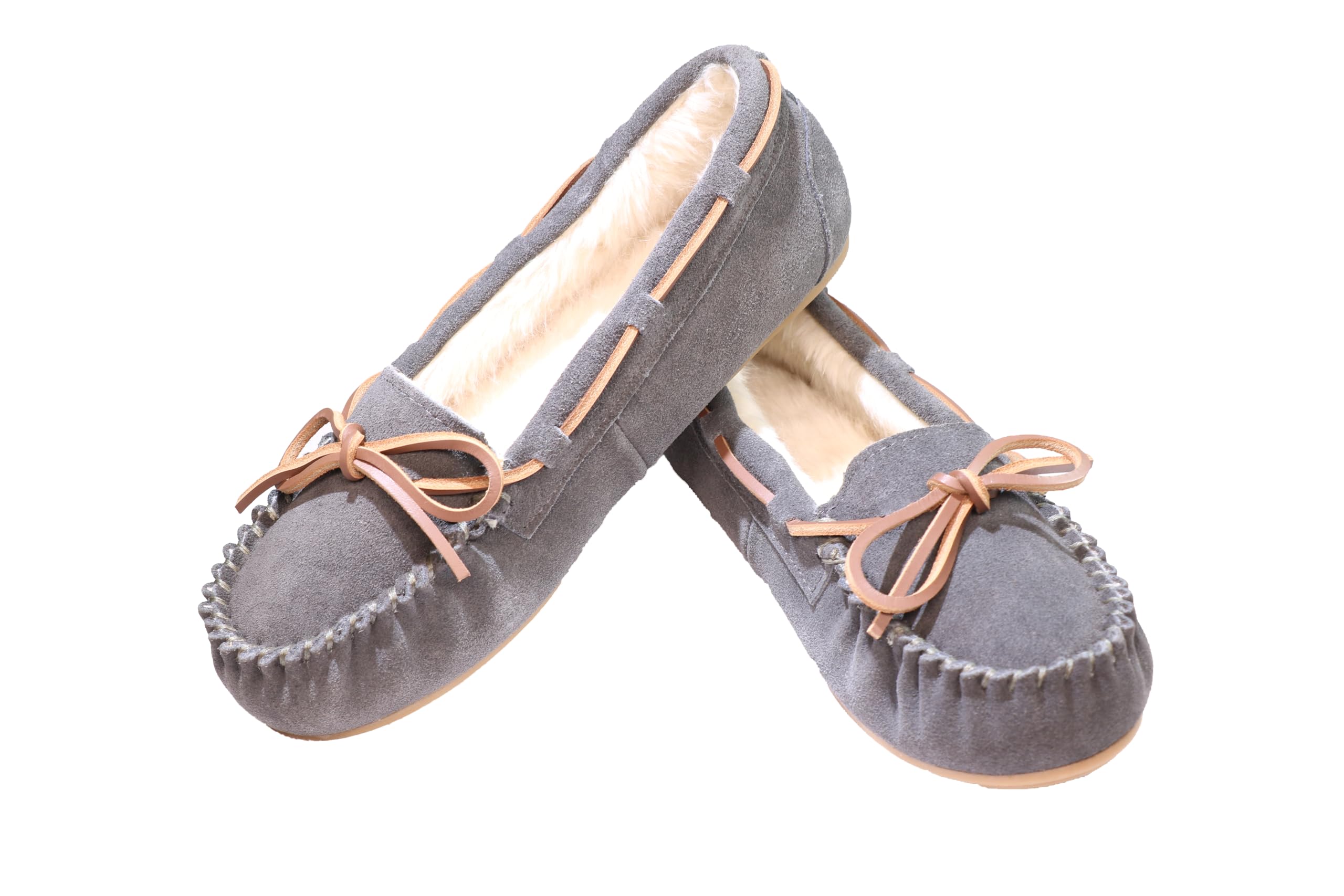 PEDOQU Women's moccasin slippers genuine leather upper house shoes faux fur pile lined lace-up cozy bow indoor & outdoor warm breathable loafer