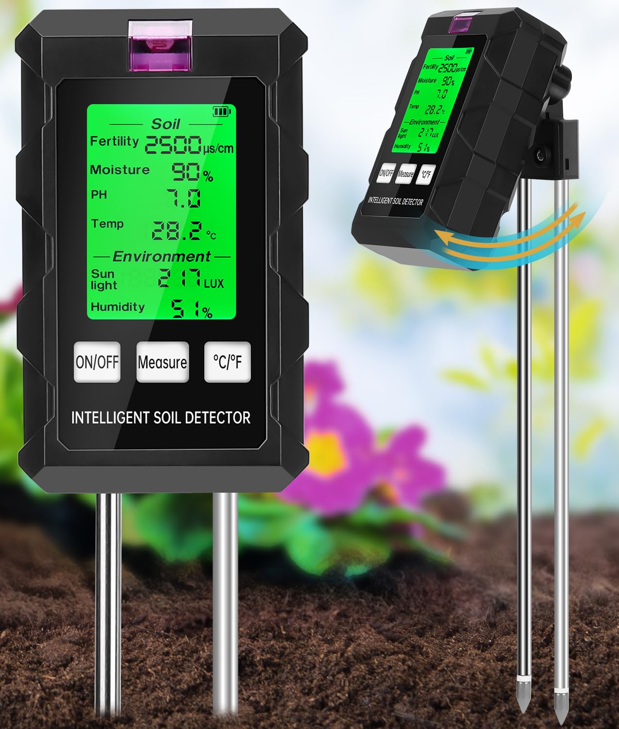 WADEO Medidor de Suelo 6 en 1, medidor de pH del Suelo, detección de Temperatura, pH, Humedad, Humedad Ambiental, nutrientes, luz Solar, Adecuado para jardinería y Plantas en macetas