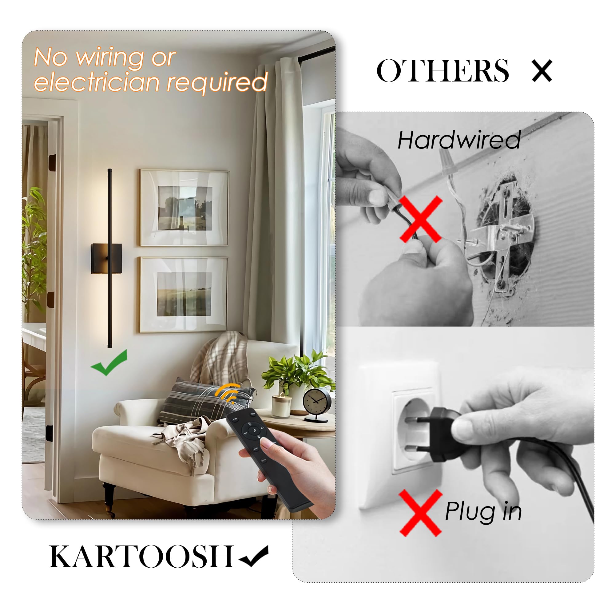 KARTOOSH Removable Battery Operated Wall Sconces with Remote Control, Stepless Colors 3000K-6000K & Dimming, 350°Rotate, LED Black Wireless Wall Light for Living Room, Bedroom, 28.3 Inch (2 Pack)