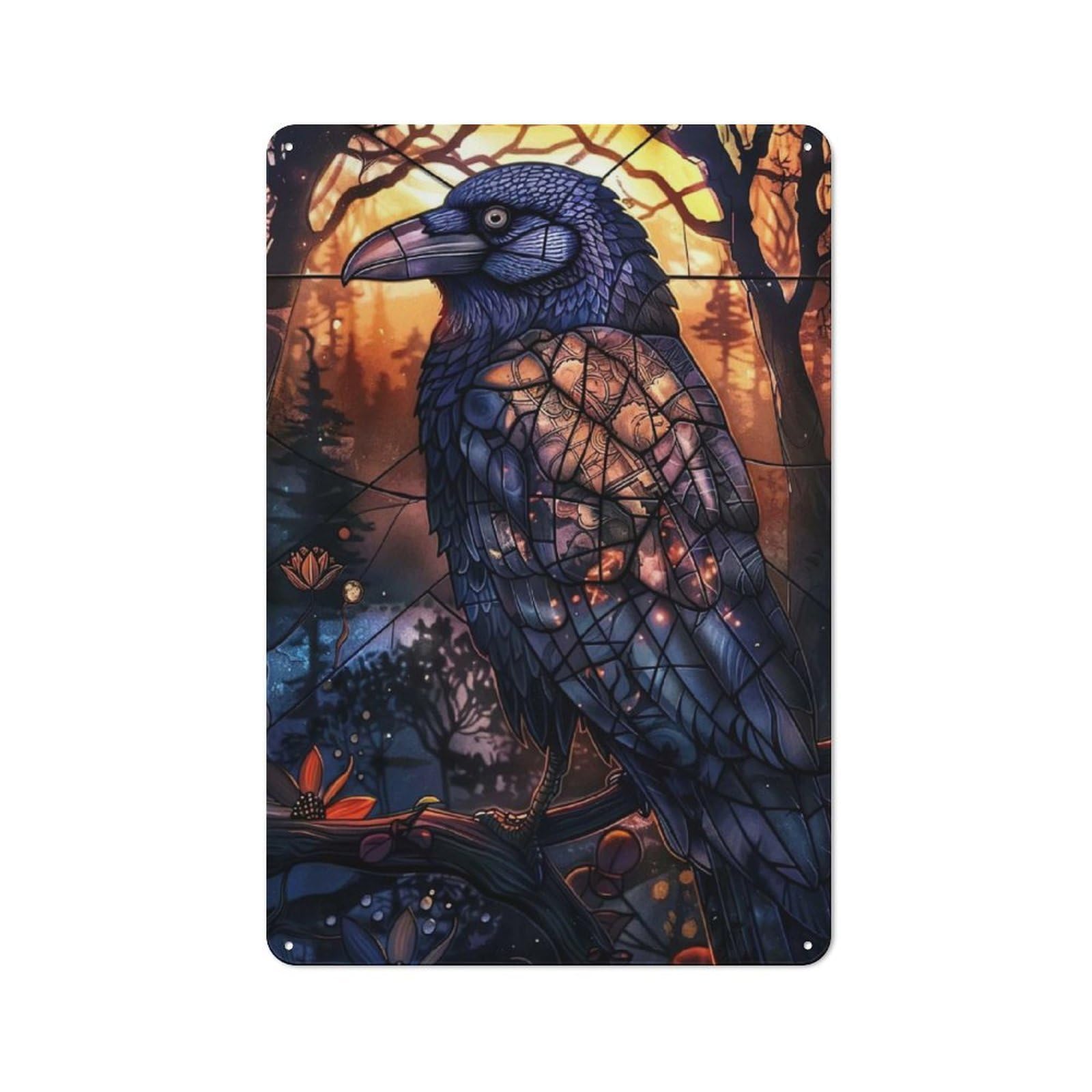 Junmoney Stained Glass Raven Metal Plaque 30X20cm With For Hallway Wall, Retro Decor, For Themed Interiors In Hallways And Entrance Areas