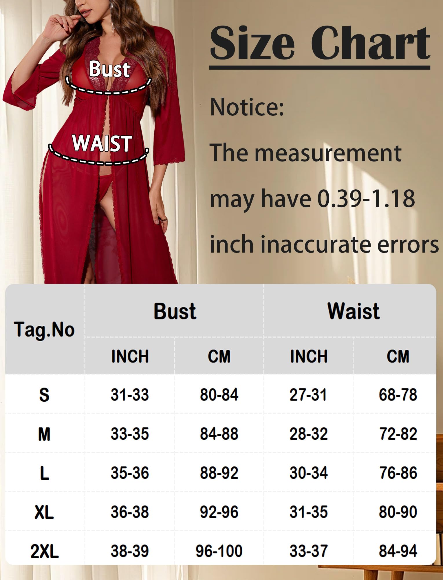 Maeau - Lencería Bata Kimono Larga Encaje Transparente Malla y Abertura Alta para Mujer S-XXL