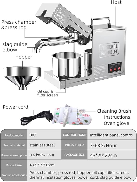 820W Oil Press Machine, Automatic Olive Oil Extraction Squeezer, Commercial Oil Press Machine, Commercial Electric Hot Cold Nut Seed Extractor for Food Grade 304 Stainless Steel, Peanut, Sesame