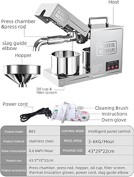 820W Oil Press Machine, Automatic Olive Oil Extraction Squeezer, Commercial Oil Press Machine, Commercial Electric Hot Cold Nut Seed Extractor for Food Grade 304 Stainless Steel, Peanut, Sesame