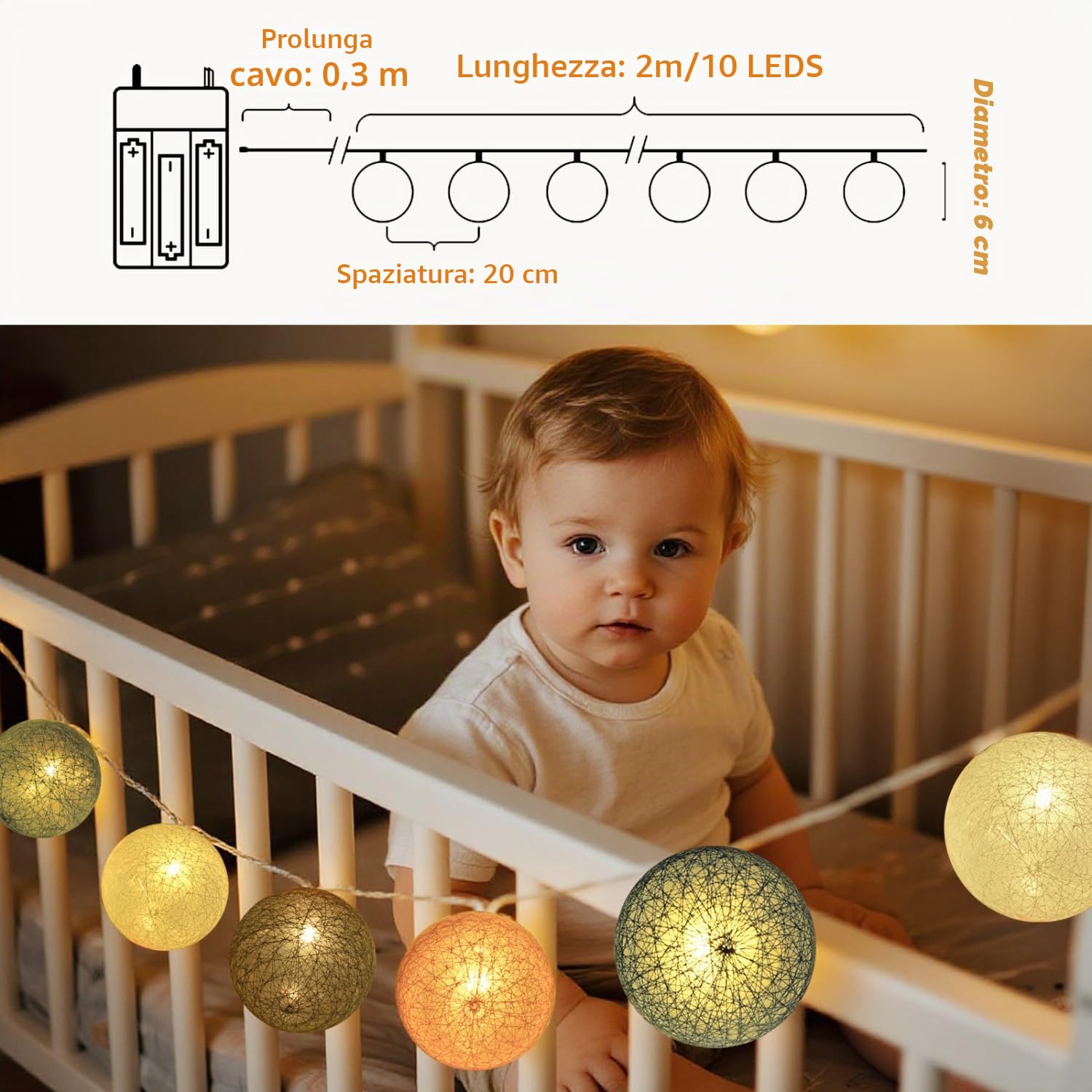 Aigostar Ghirlanda di luci a LED a batteria, 10 LED palline di cotone in 5 colori, 2,3 m, ghirlanda di luci interne, 2 modalità, per decorare la stanza, la casa, le feste, le vacanze, il matrimonio