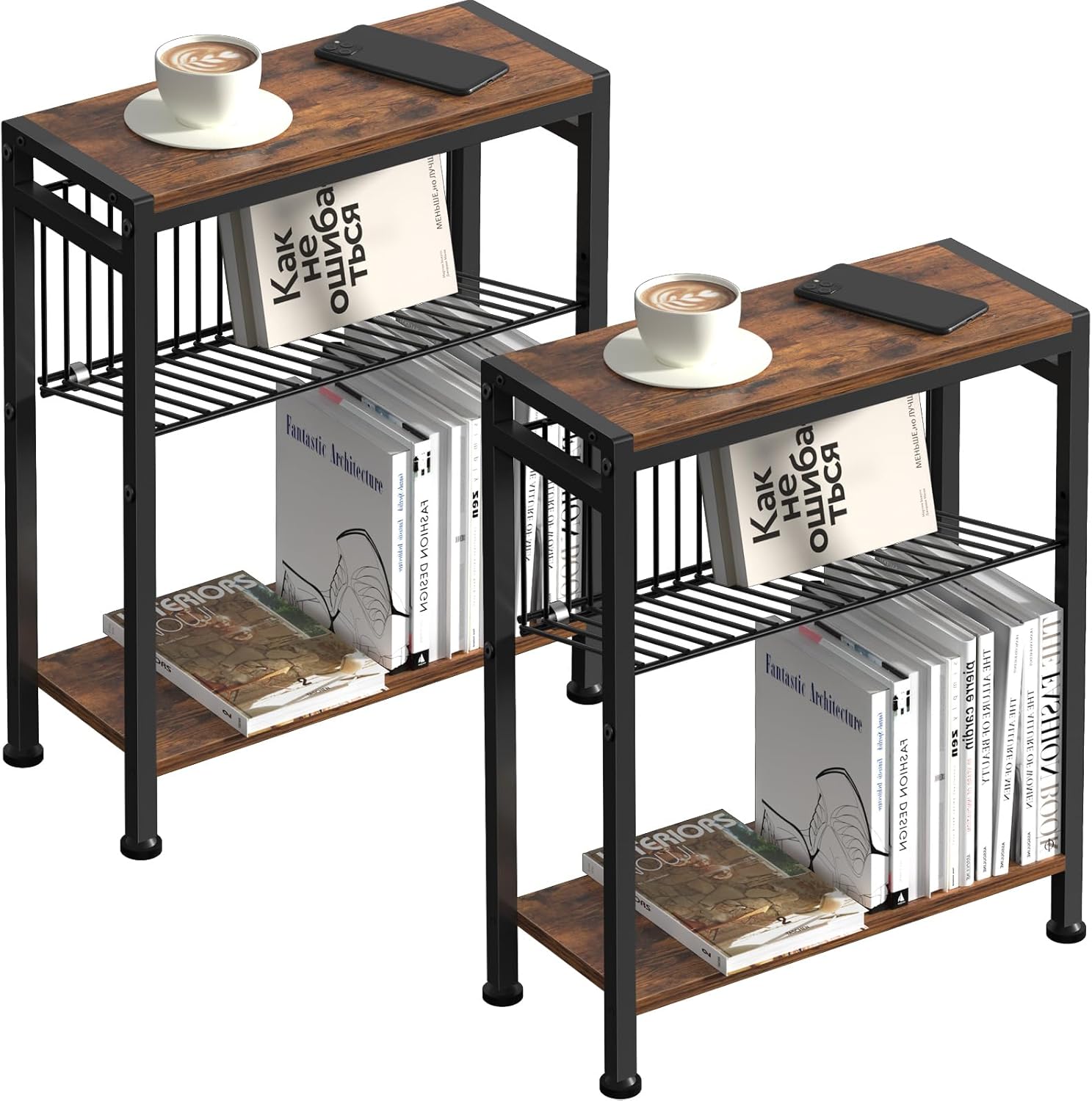 Side Table, Set of 2 Narrow End Table with Magazine Holder