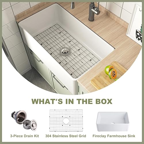 Miniatura 7 de HOROW HRSW Farmhouse - Fregadero de cocina de 30 pulgadas con rejilla inferior y colador, lavabo grande de porcelana de cerámica frontal de
