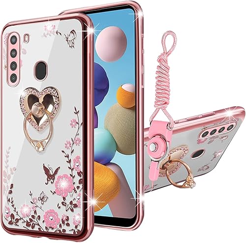 Miniatura 1 de KuDiNi Funda para Galaxy A21, Samsung A21 para mujer con purpurina de cristal suave TPU Bling lindo mariposa corazón floral transparente funda