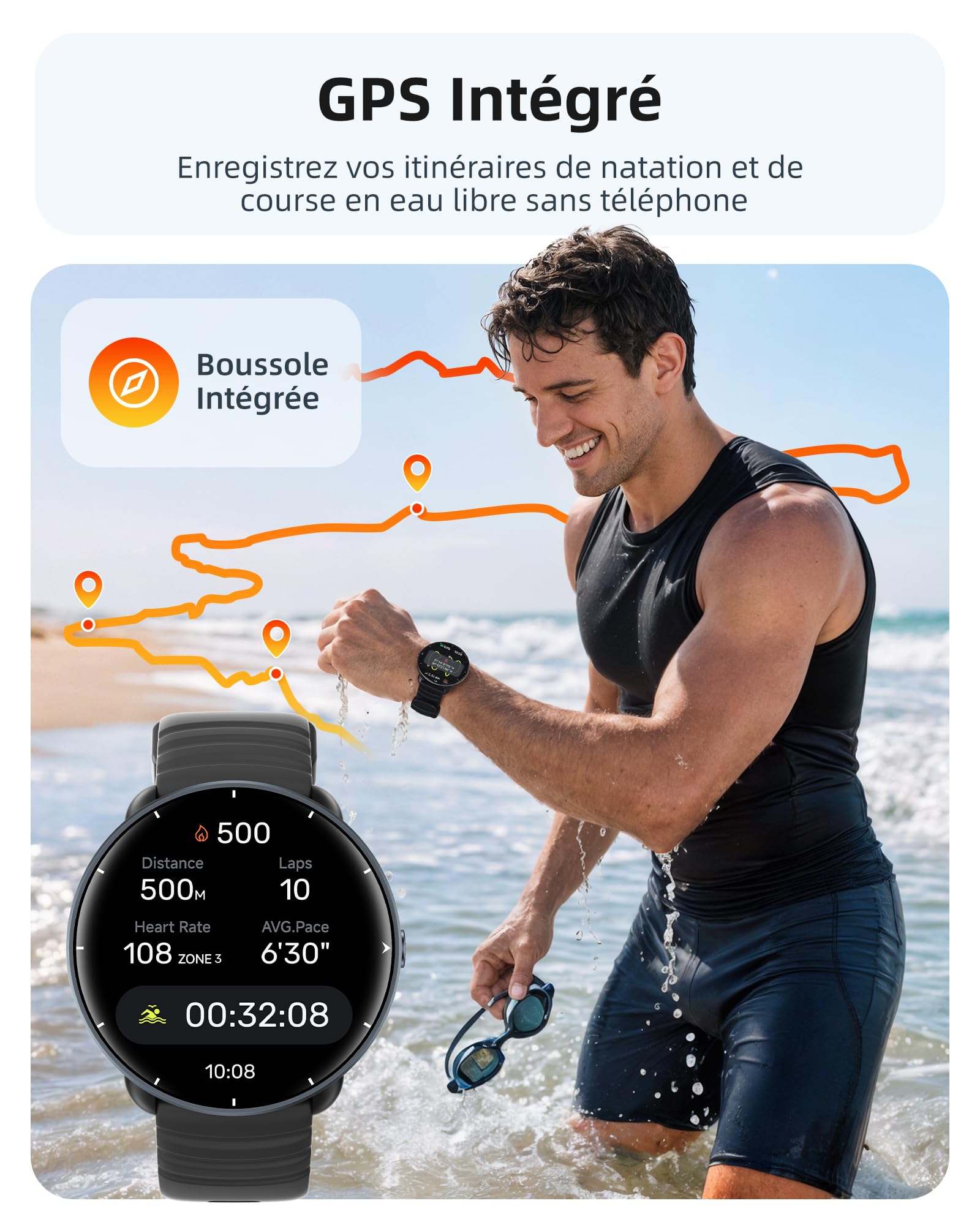 Parsonver Montre Connectée avec GPS Intégré, 5ATM Étanche Smartwatch Natation pour Piscine/Eau Libre, Montre Connecté avec AMOLED Écran, 100+ Sports,Fréquence Cardiaque,Sommeil (Noir, 42 mm)