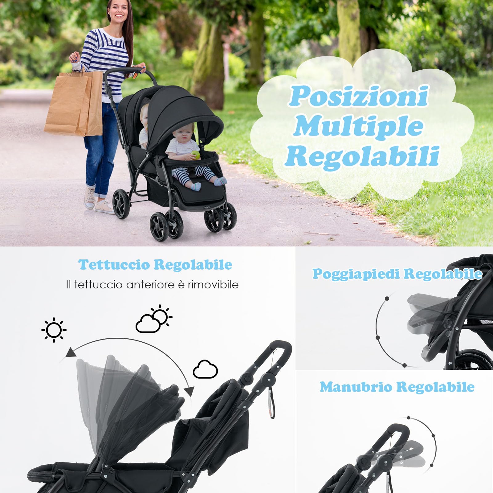 COSTWAY Passeggino Doppio Pieghevole per Bambini, Passeggino Gemellare Pieghevole, con Seduta in Tandem e Tettuccio, Schienale Regolabile, Ruote Bloccabili e Antiurto, Portata Totale 30 kg (Nero)