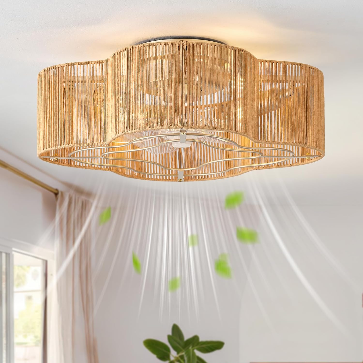 Boho Ceiling Fans with Lights, 20" Low Profile Ceiling Fan with Light Remote Control, Bladeless Flush Mount with 6 Speeds for Bedroom, Nursery, Living Room.