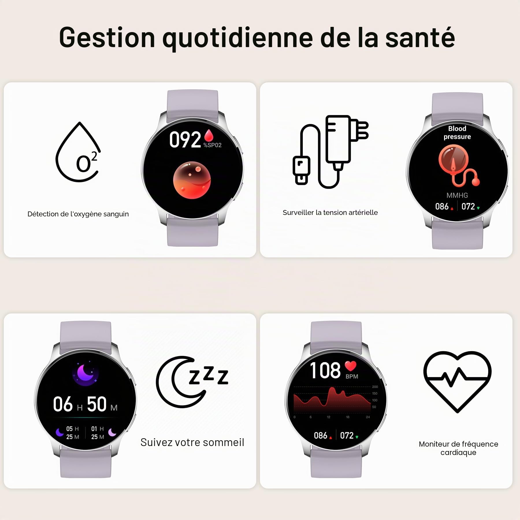 Montre intelligente pour homme et femme avec appels et réponse, notifications de message, 1,32" Montre de fitness numérique, 20 sport SpO2 sommeil cardiofréquencemètre, Android iOS Smart