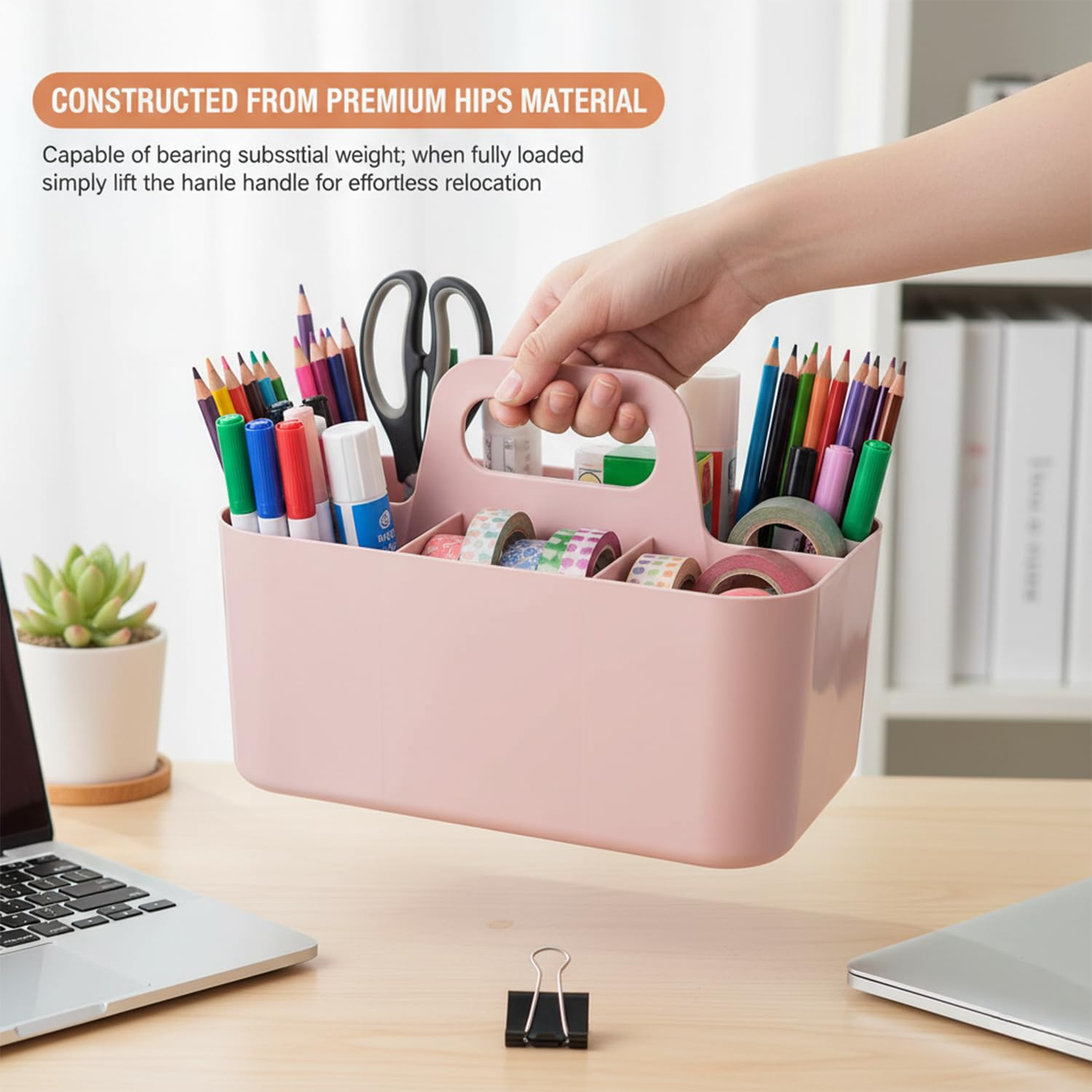 Stapelbarer Aufbewahrungskorb mit Griff - Organizer für Putzmittel mit 5 Fächern, Küche, Bad, Schminktisch & Bastelzubehör, Ablagefächer für Makeup, Nähutensilien (Rosa 24.5x15.5x17.5 cm)