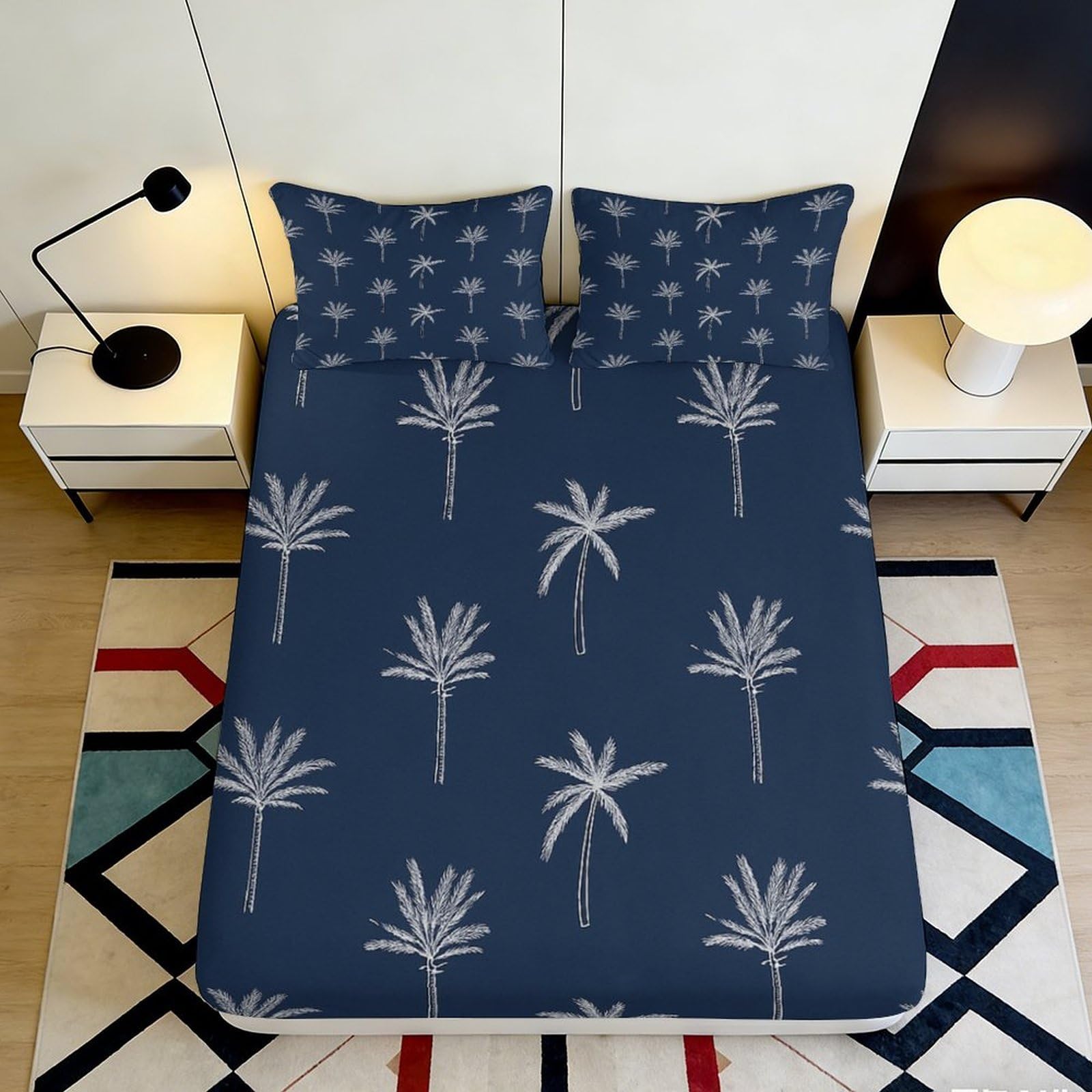 Pnayamiorkfel Style-4 3D Printed Palm Tree Fitted Sheet Microfiber Navy Blue Tropical Bed Cover For Bedroom Dorm Mattress Protection Decor 90X200x25cm