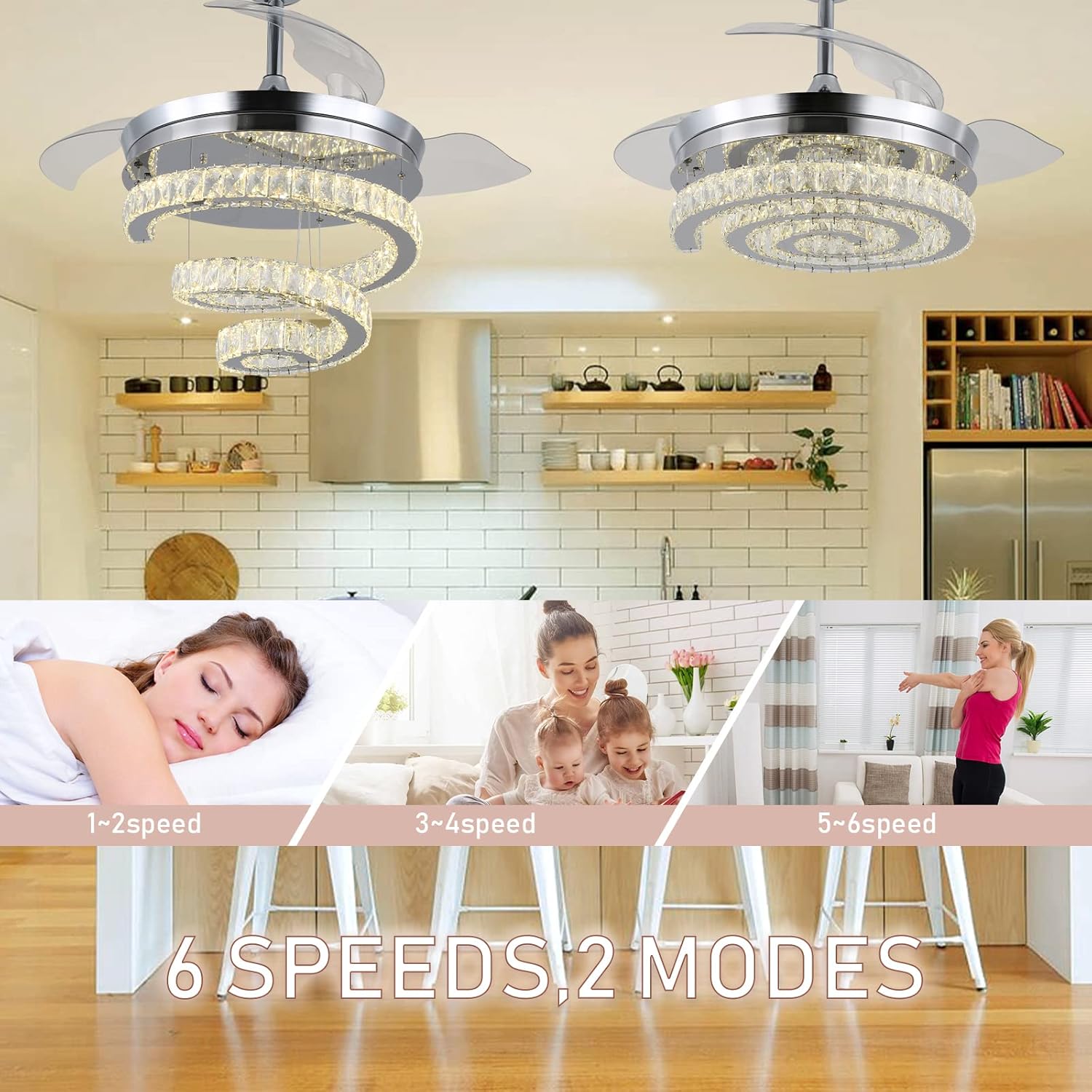 FRIXCHUR 42" Crystal Chandelier Ceiling Fans with Lights and Remote Dimmable Fandelier Retractable Crystal Ceiling Fans 3 Rings Invisible Blades Crystal Ceiling Fans for Bedroom Living Room 30W*2