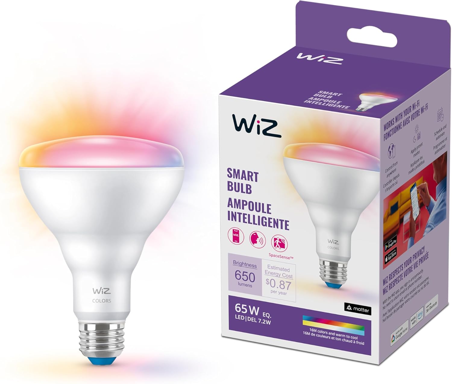 WiZ 65W BR30 Color LED Smart Bulb – Pack of 1 – E26- Indoor – Connects to Your Existing Wi-Fi – Control with Voice or App + Activate with Motion – Matter Compatible