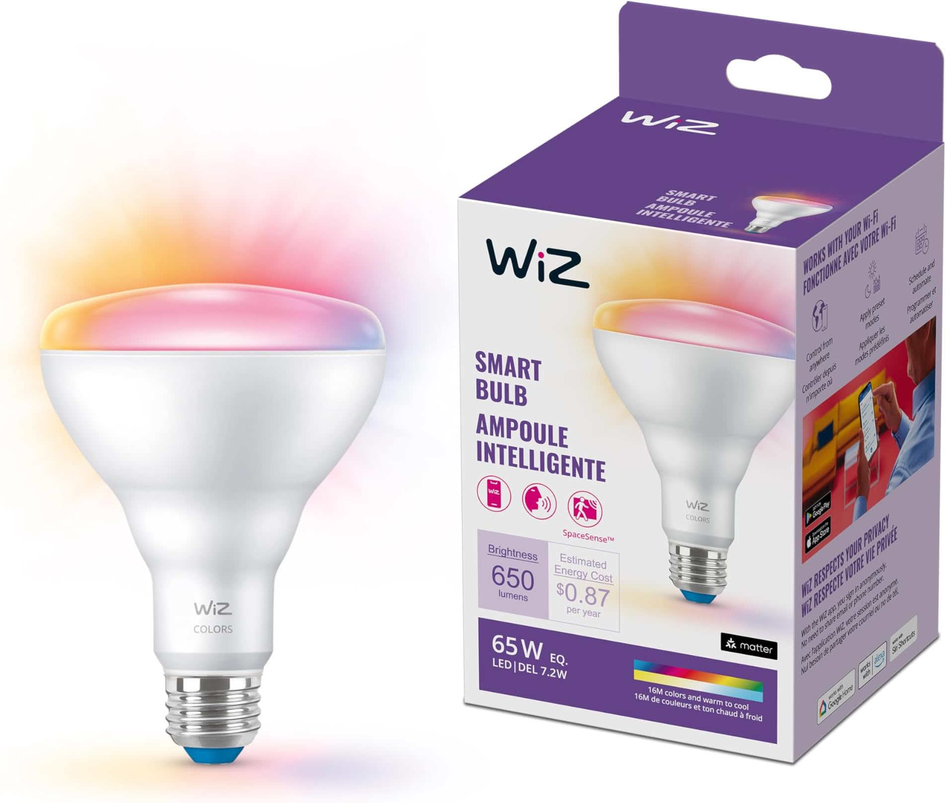 WiZ 65W BR30 Color LED Smart Bulb - Pack of 1 - E26- Indoor - Connects to Your Existing Wi-Fi - Control with Voice or App + Activate with Motion - Matter Compatible
