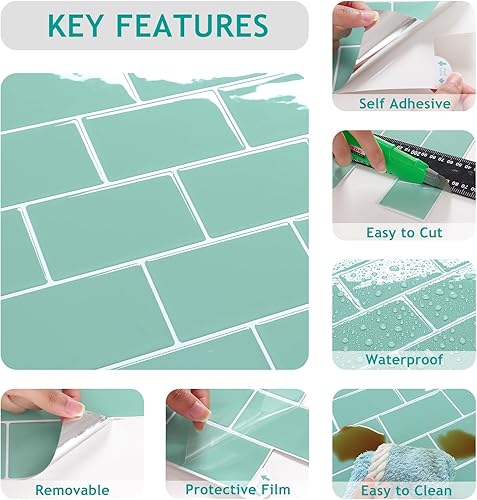 Miniatura 7 de VEELIKE Azulejos de pared de metro verde aguamarina, 24 hojas para salpicaduras traseras para cocina, azulejos de pared verdes de 12 x 12 pulgadas,