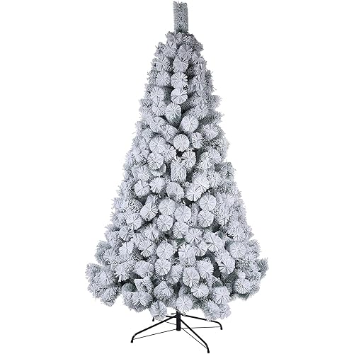 Green Christmas Tree 6ft Artificial Snow Flocked Christmas Tree, Full Tree with Metal Stand with Metal Stand for Home Office Party Christmas Trees (White B, One Size)