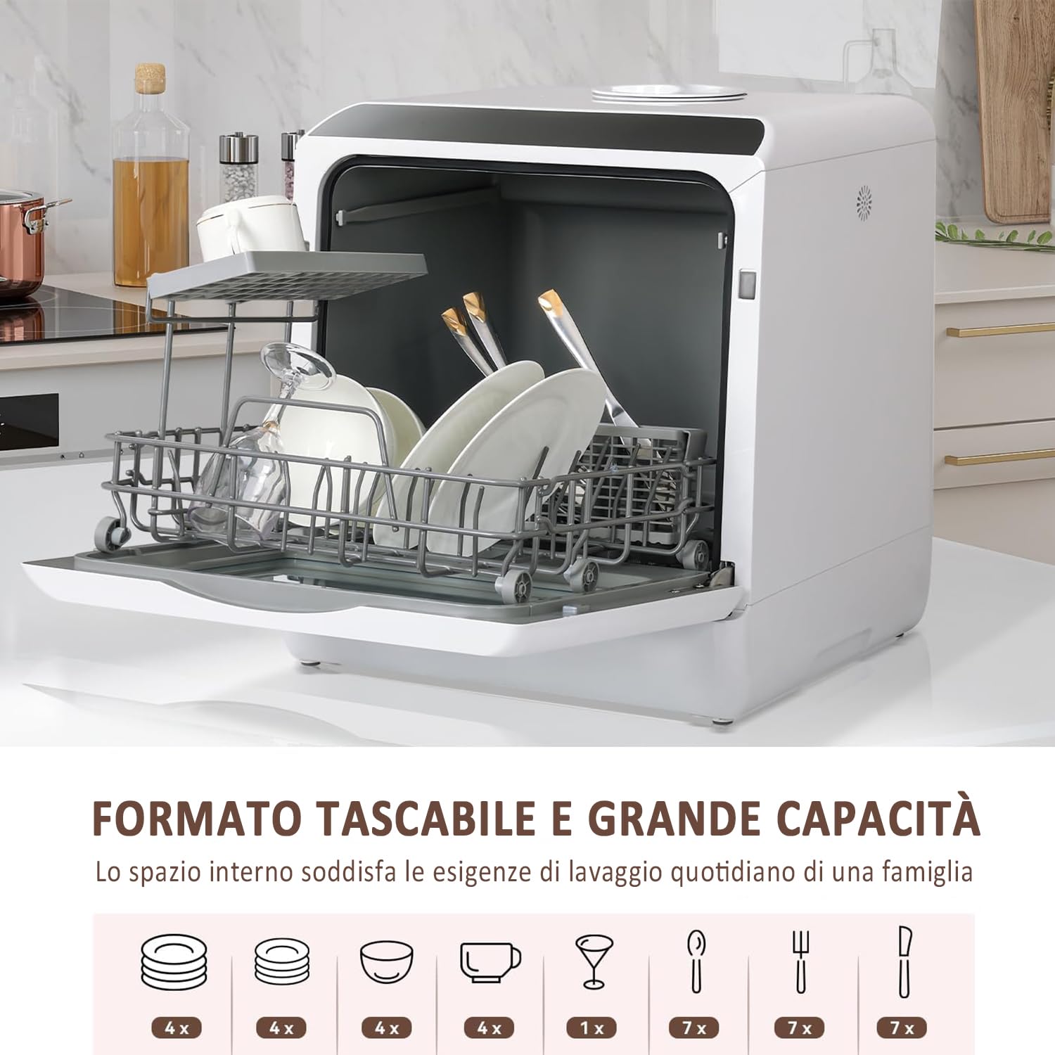YU YUSING Mini Lavastoviglie Piccola 45 cm 5 Coperti, 5+1 Programmi, Asciugatura PTC, con o senza Alimentazione Idrica, Lavastoviglie Portatile, Serbatoio da 5L, Display LED, Bianco e Nero