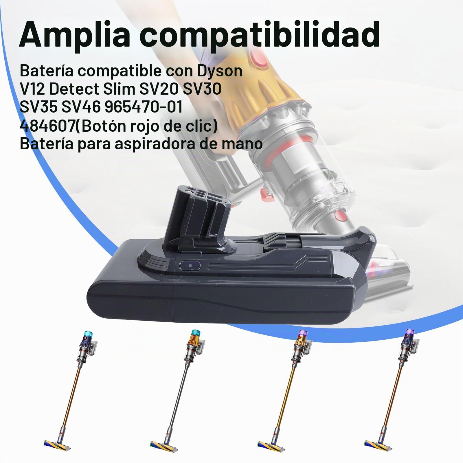 Batería de Repuesto de Iones de Litio Dyson V12 de 25,2 V y 3900 mAh, Compatible con aspiradora de Mano Dyson V12 Detect Slim SV20 SV30 SV35 SV46 965470-01 484607 (botón Rojo de Clic).