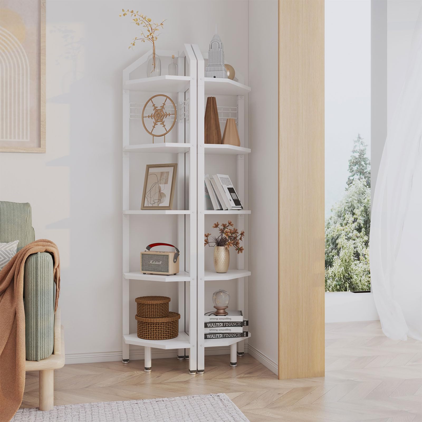 YMYNY Scaffale angolare a 5 ripiani, altezza 176 cm, scaffale multiuso per piante, per soggiorno, bagno, cucina, camera da letto, ufficio, stile industriale bianco HBR006W