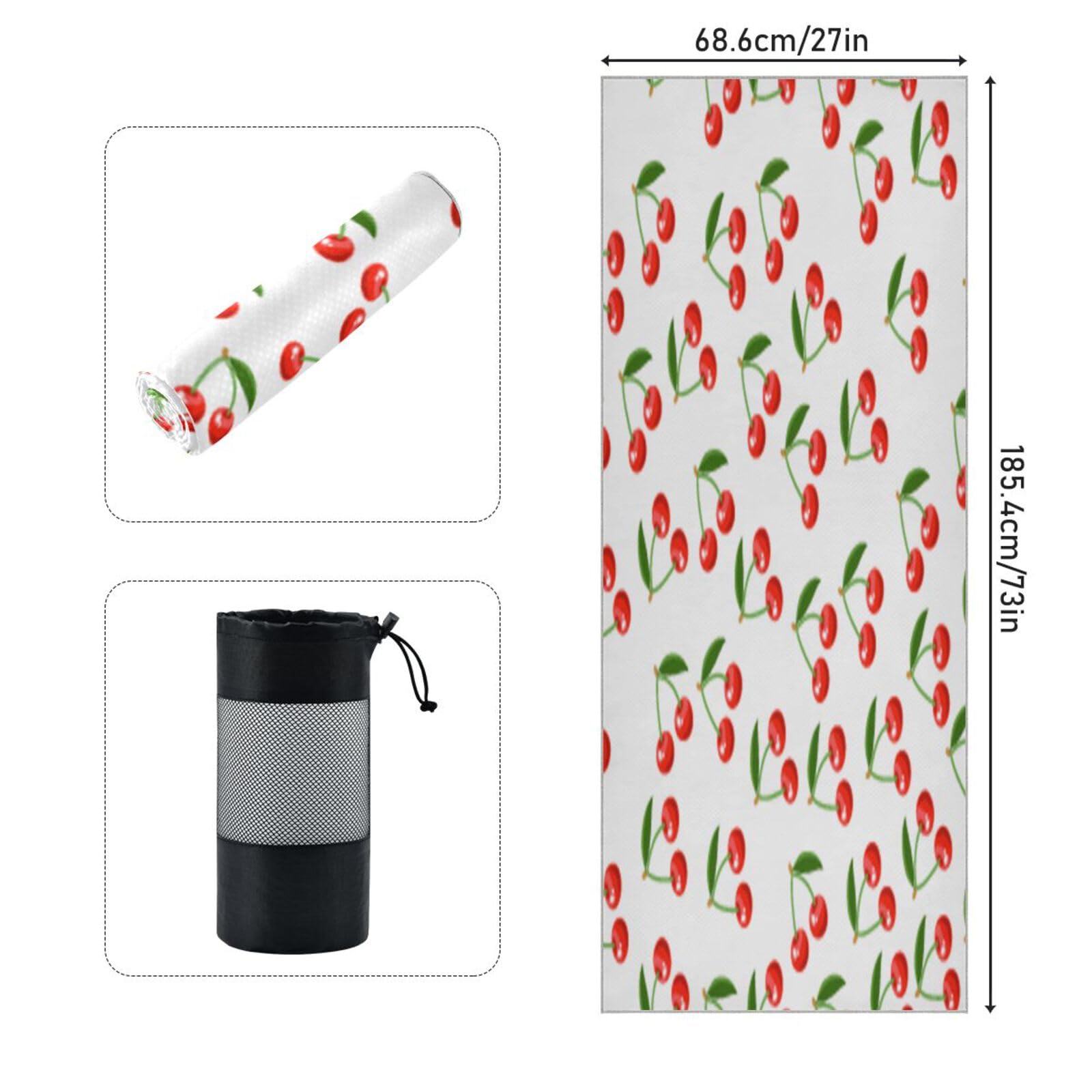 pnyoin Little Cherry Leaves Yoga Towel,Hot Yoga Mat Towel with Grip Dots Sweat Absorbent Non-Slip for Hot Yoga, 24