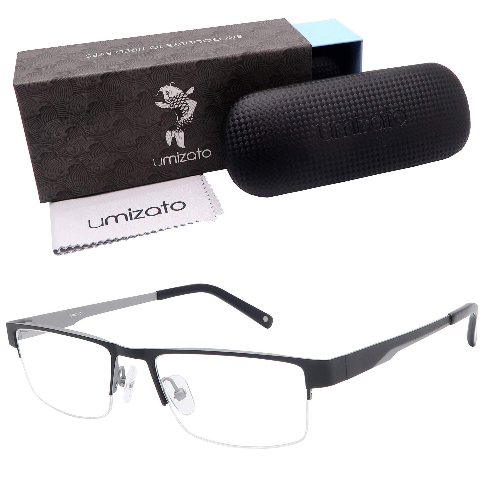 umizato FUJI Blue Light Glasses Men Women - Titanium Semi-Rimless Gaming Eyewear, Computer Blocking Glasses Filtering (Black Silver, 0)