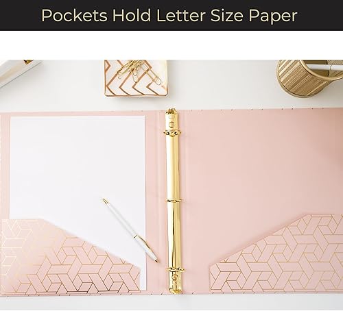 Vista 4 de BLU MONACO Carpetas de 3 anillos rosas Juego de 2 carpetas decorativas de 1 pulgada con diseño geométrico de lámina dorada Carpeta de anillos