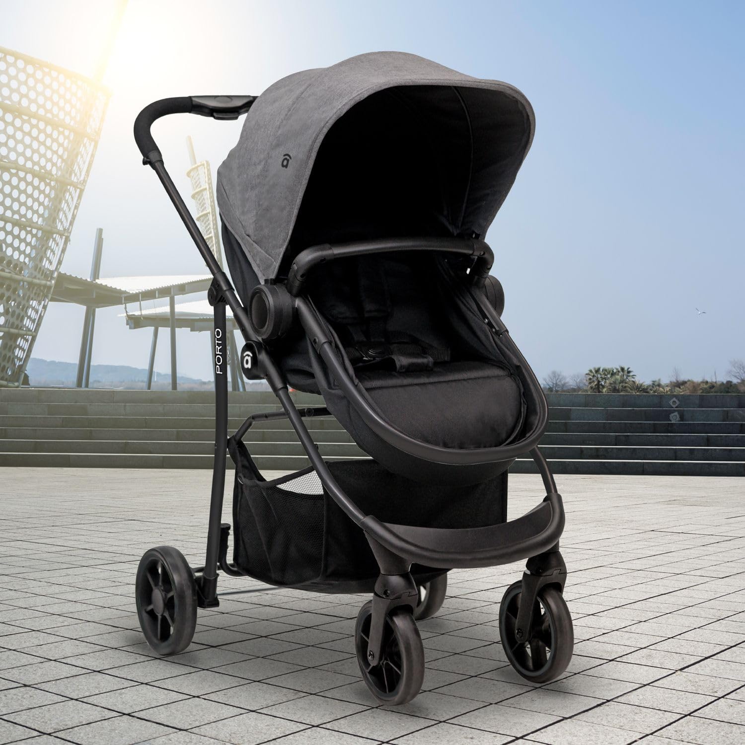 Asalvo PORTO Trío Convertible Cochecito Bebe 3 Piezas, Plegable, Compacto y Reclinable Silla de Paseo, con Silla Coche Bebé, Accesorios, Silla Reversible, Amplio Capazo, Antracita Gris