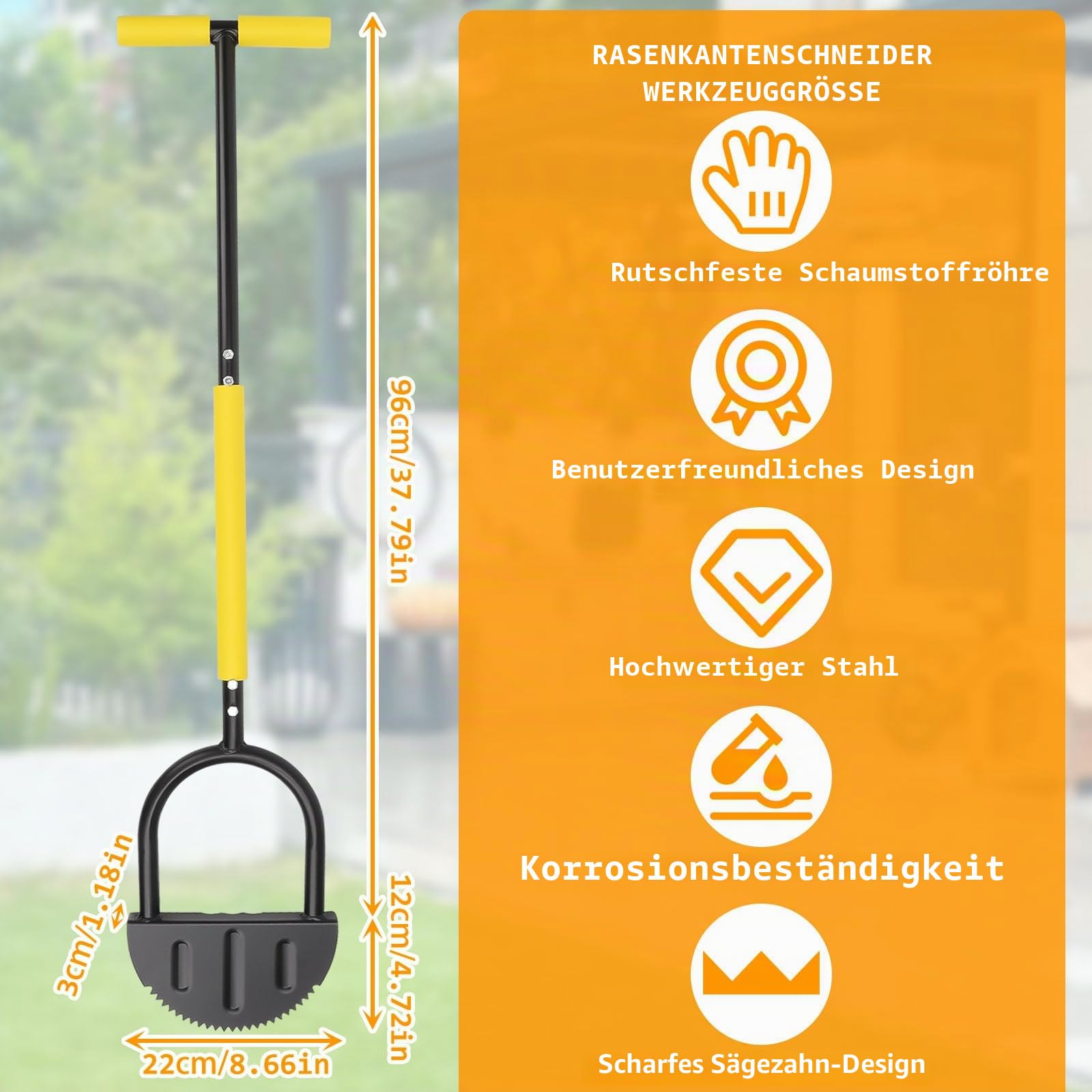 Rasenkantenstecher mit Stiel 108 cm, Sägezahn-Rasenkantenschneider, Kantenstecher Rasen mit T-Griff, Rasenstecher Kantenstecher für Gehwege, Garten, Hof