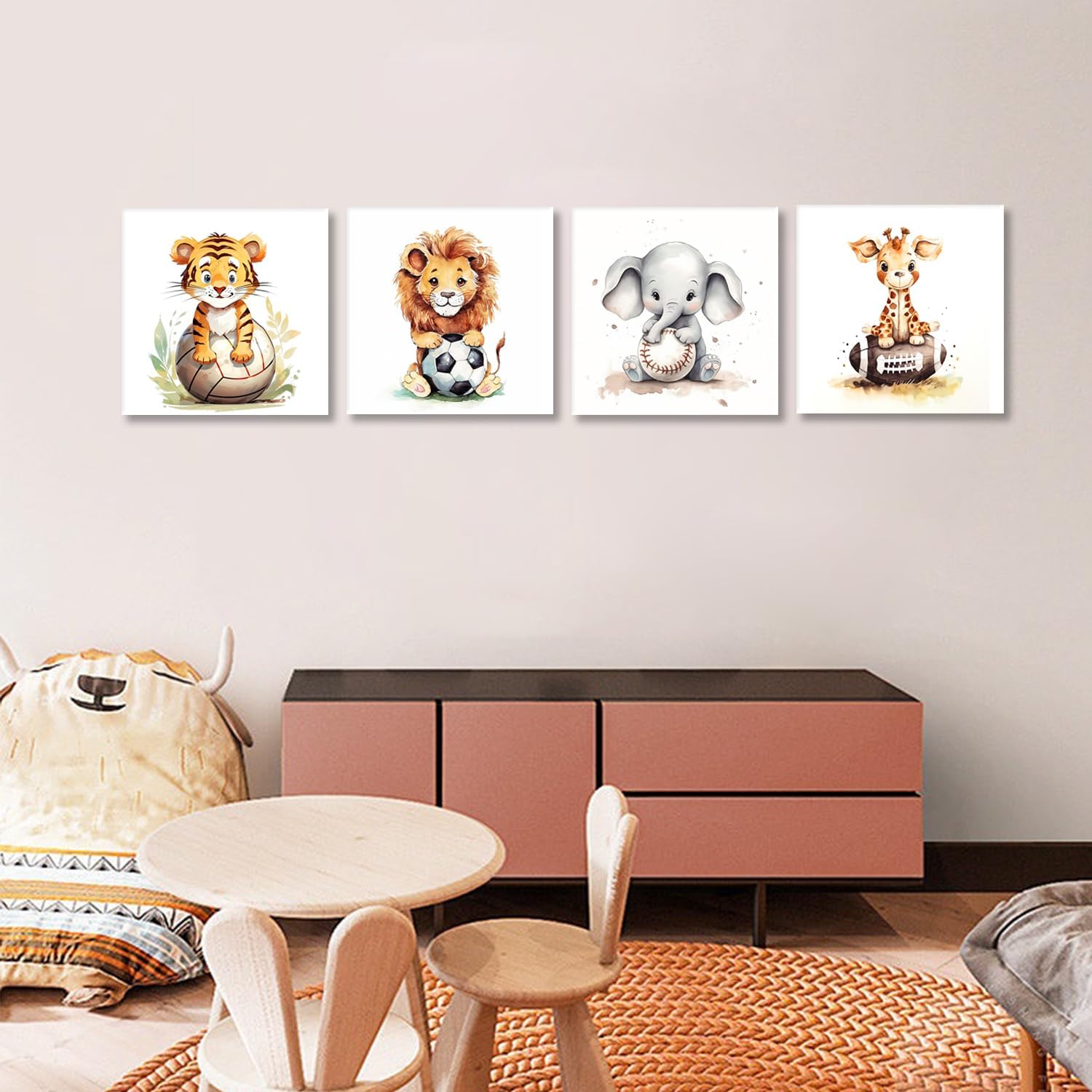 GLOKAKA Set of 4 Jungle Animals Wall Art Watercolor Cute Animals with Baseball Football Volleyball Rugby Kids Boy Sports Wall Decor Painting Print Nursery Decor Artwork