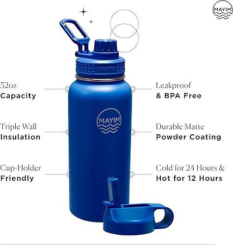 Miniatura 3 de Mayim Botella de agua activa de acero inoxidable con aislamiento triple con 2 tapas, termo con boquilla y tapa abatible, mantiene las bebidas frías