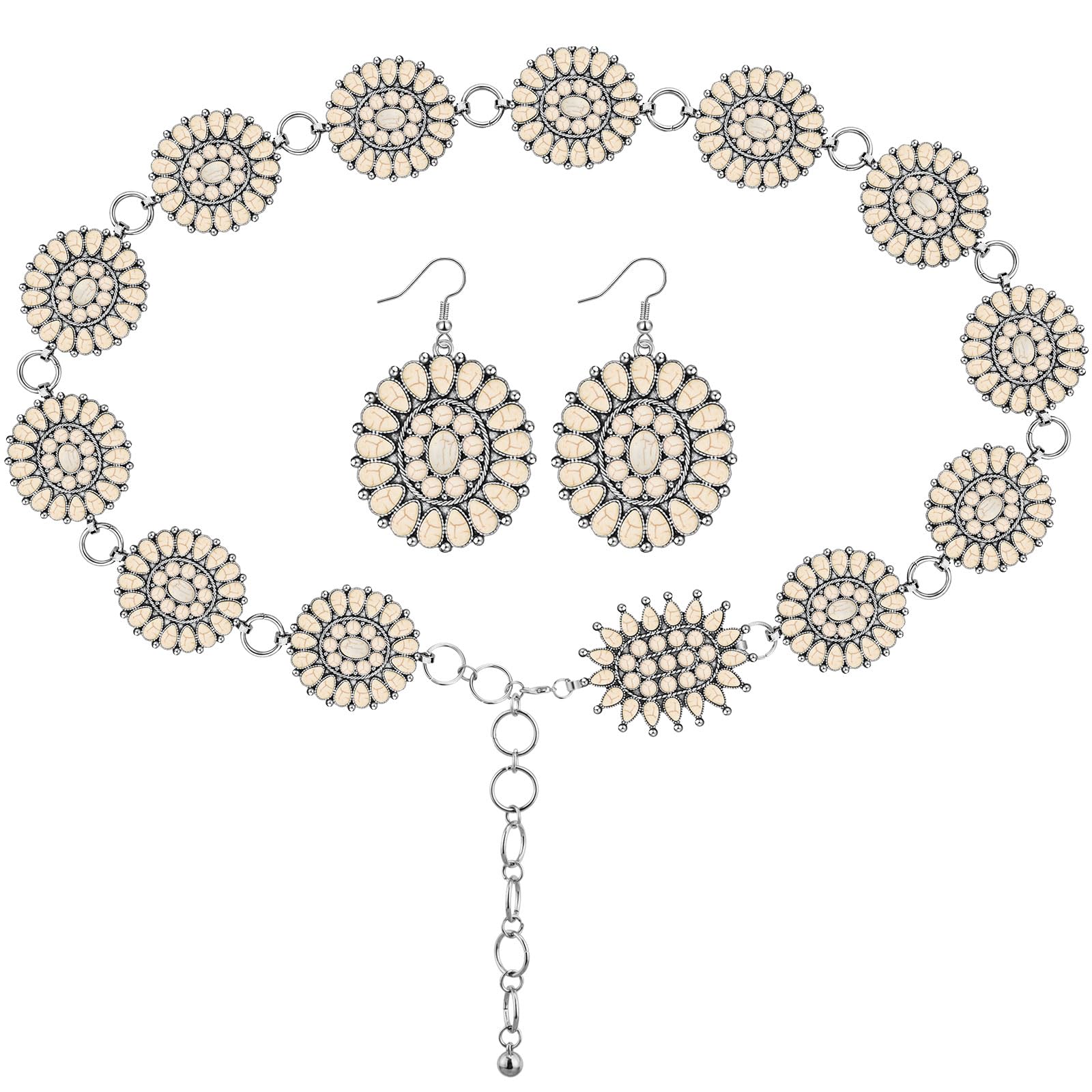 Sasylvia White Turquoise Concho Chain Belt Metal Western Waist Belts for Women Boho Turquoise Drop Earrings