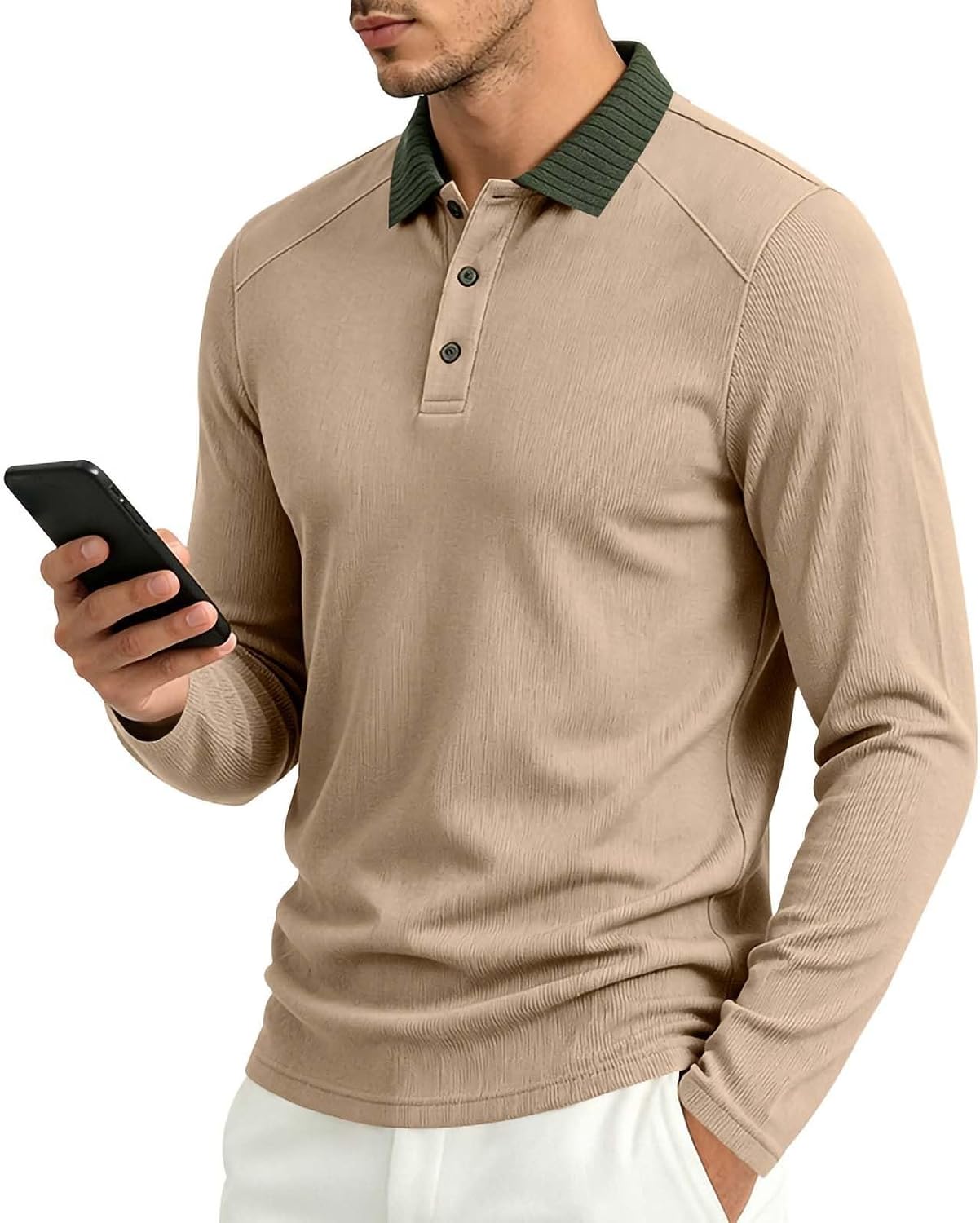 Men Long Sleeve Shirts Textured Casual Golf Tops 2026 Fall | Contrast Ribbed Collar Shirt, Breathable Knit Fabric, Slim Fit Shirts, Business Casual Attire, Moisture Wicking Tops