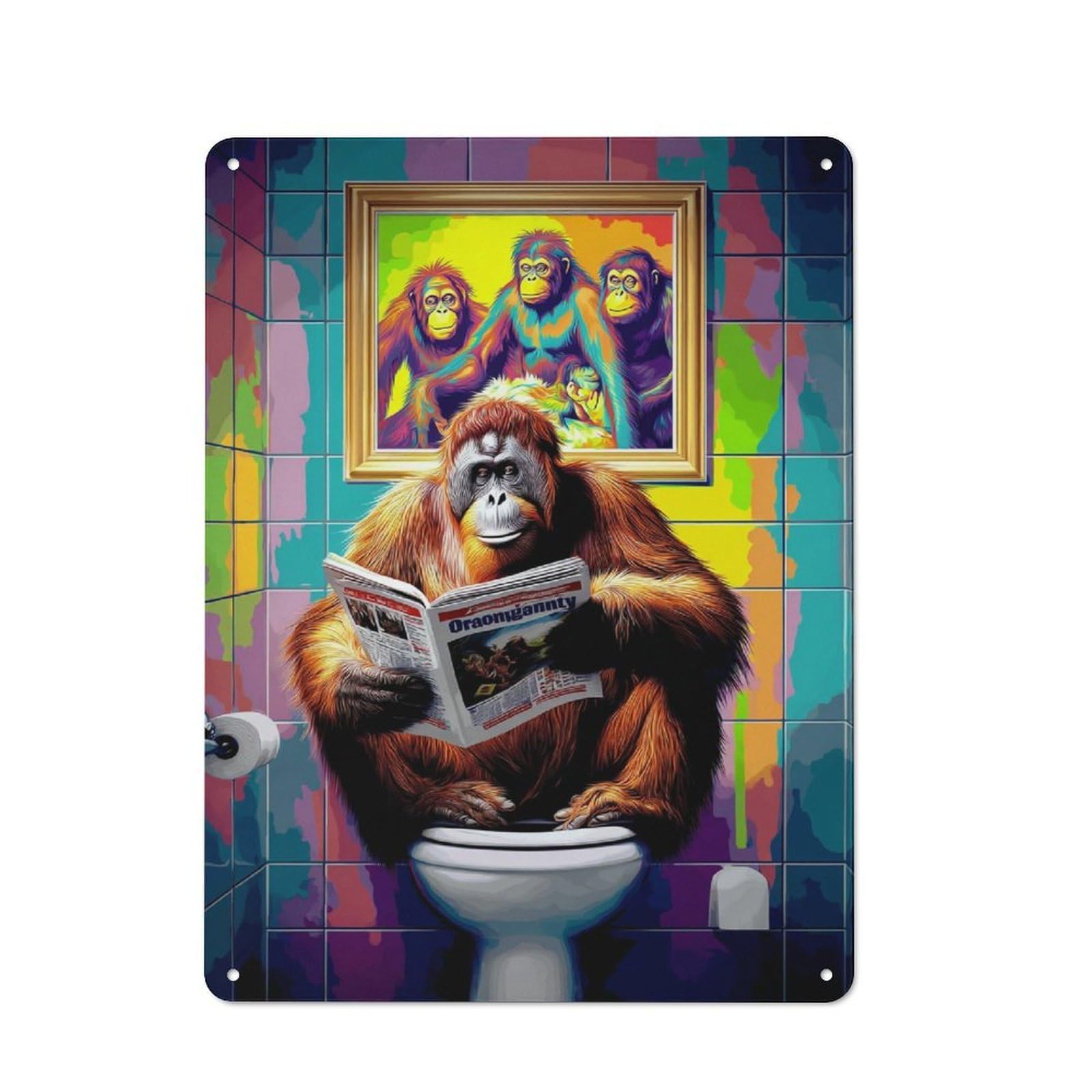 Junmoney Orangutan Reading Newspaper In Colorful Bathr Oom Vintage Metal Wall Decor 40X30cm, Vintage Tin Sign For Bakery, Diner, Cafe Or Family Room