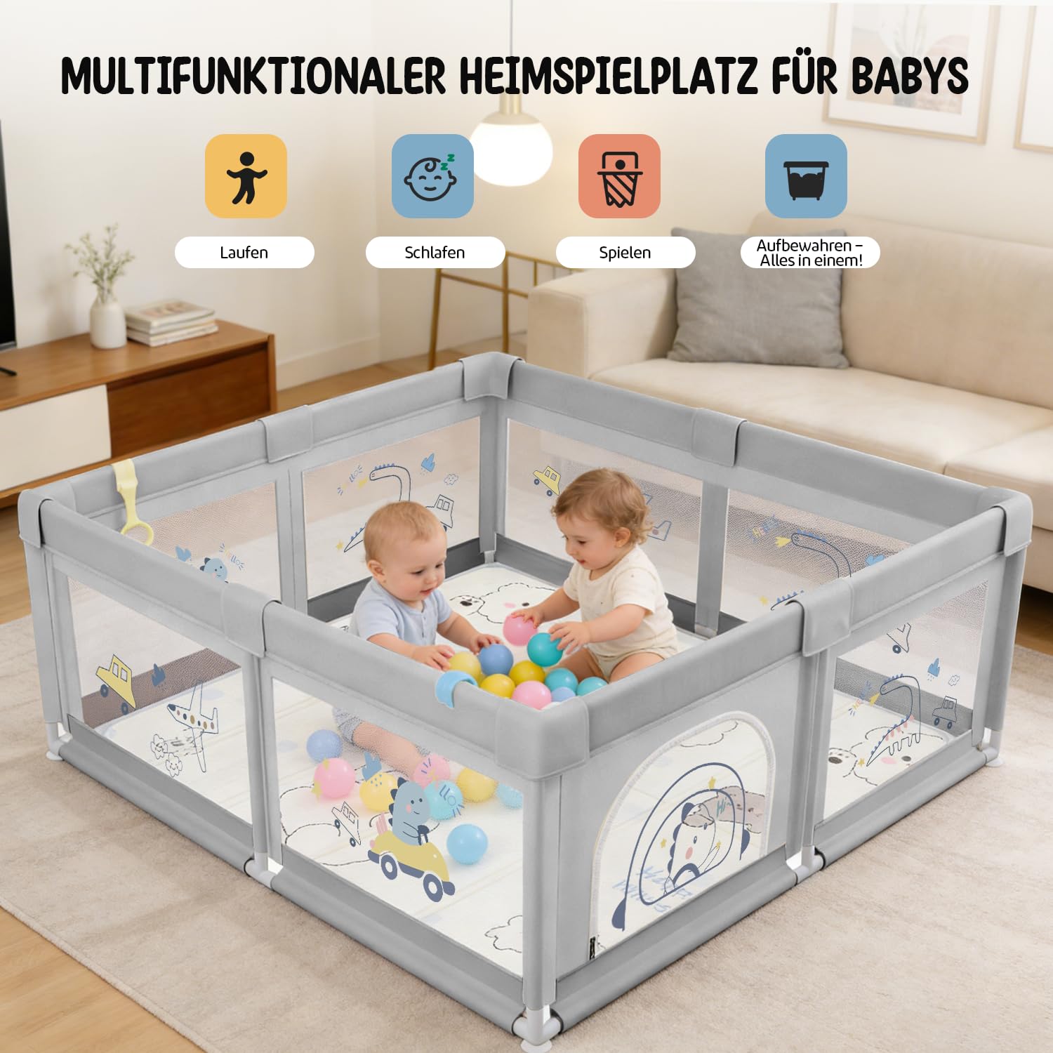 Laufstall Baby 120x120 mit Matratze, Laufgitter mit 360°Atmungsaktivem Netz, Oxford-Stoff, Rutschfester Basi, Sicher Aktivitätszentrum für Kinder, 60Ozeanbälle/4 Zugringen, Grauer Dinosaurier