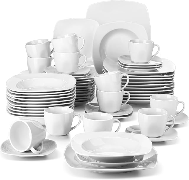 MALACASA, Series Julia, 60-Piece Dinner Sets Ivory White Porcelain Tableware Set with 12-Piece Cups/Saucers/Dessert Plates/Soup Plates/Dinner Plates, Service for 12 People