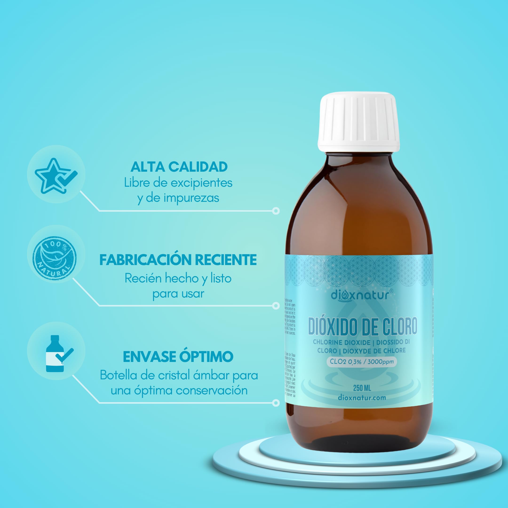 Dióxido de Cloro 3000 ppm 250 ml CDS Fabricado en España Botella de Vidrio