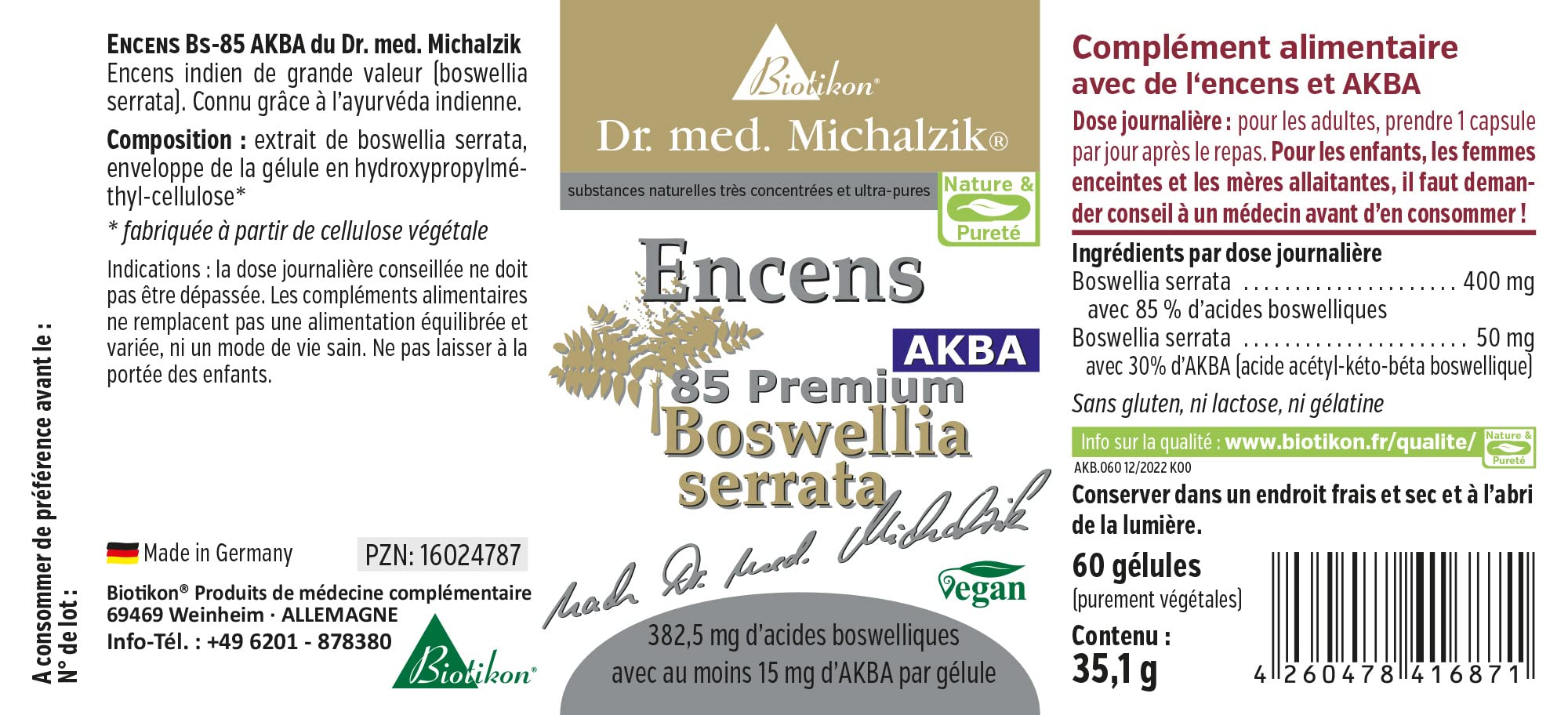Weihrauch BS-85 AKBA Dr. med. Michalzik - 100% indischer Weihrauch - 15mg AKBA je Kapsel - Boswelliasäure 85% - von BIOTIKON®