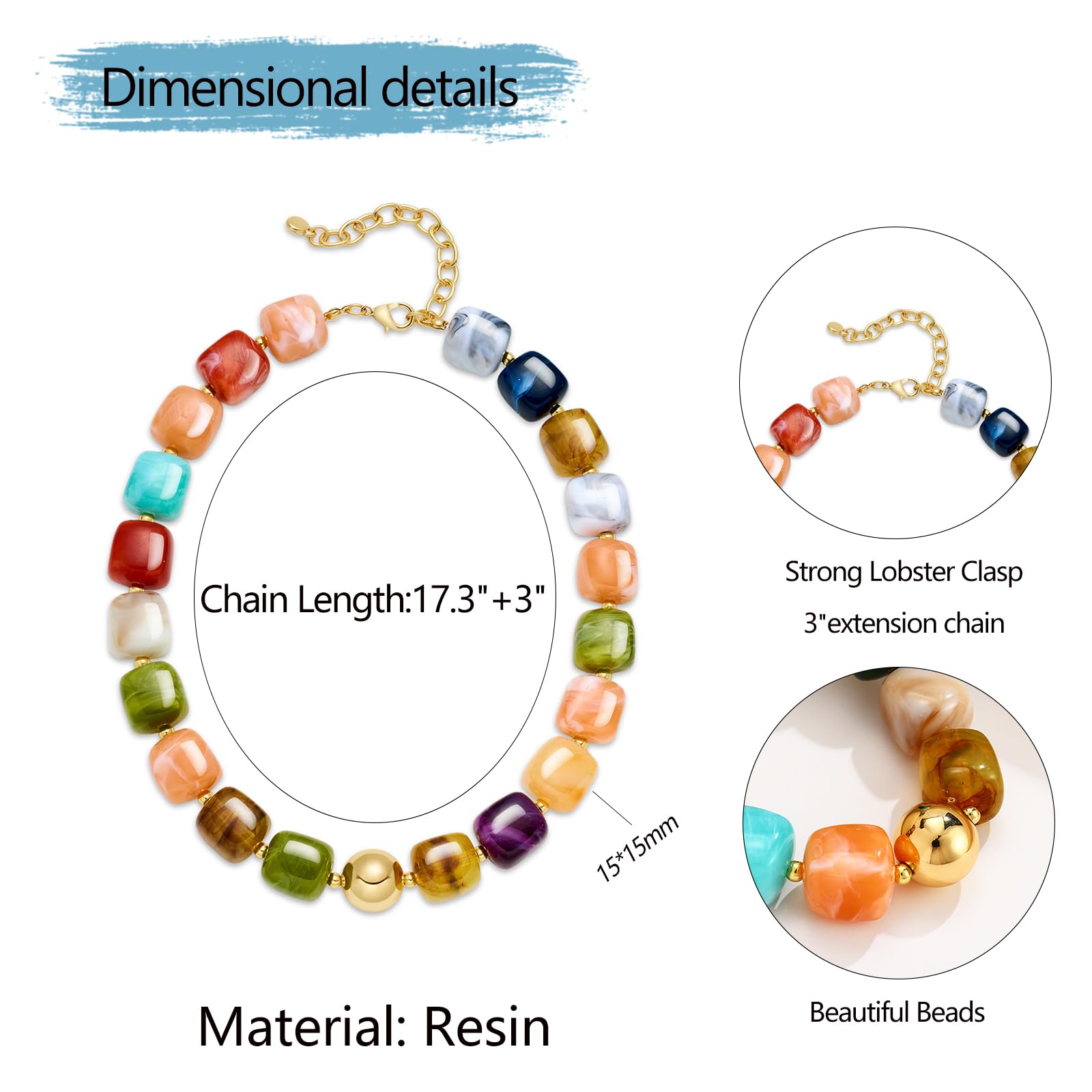 Chunky Colorful Beaded Choker Necklace for Women, Summer Beach Statement Resin Beads Necklace, Trendy Womens Summer Beach Jewelry Birthday Gifts for Vacation Holiday - 5