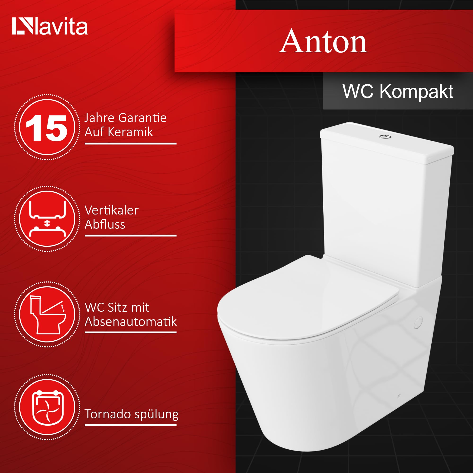 LAVITA WC monoblocco con cassetta di scarico integrata ANTON WHITE Set completo WC con coperchio con chiusura automatica WC in ceramica senza brida Sistema di scarico TORNADO