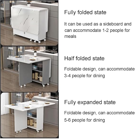 Folding Dining Table, Drop Leaf Dining Table with Wheels and 2-Layer Storage Shelf, Versatile Collapsible Extension Dinner Kitchen Office Desk Table, Extendable Space Saving Furniture(Gray,L-120cm/47.