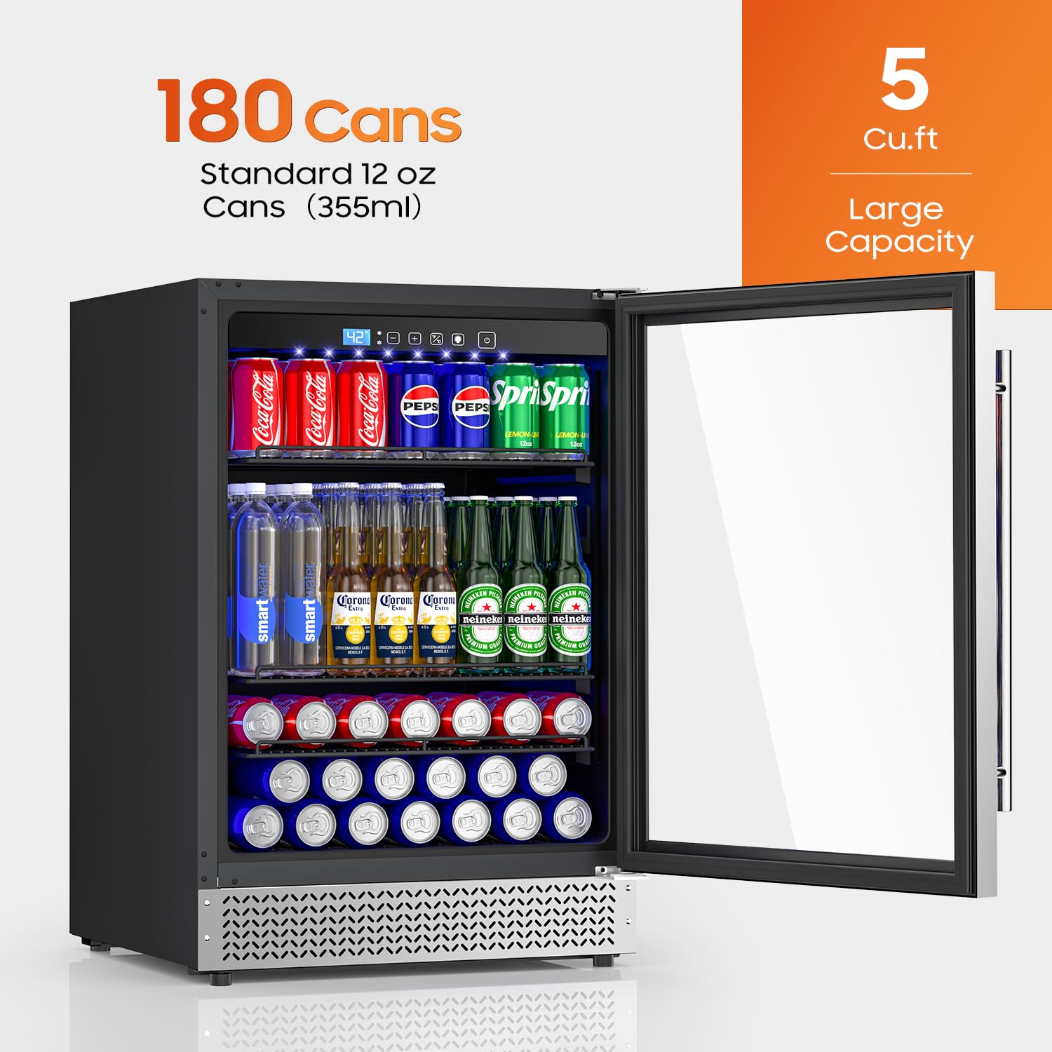 24’’ Beverage Refrigerator, 180 Cans Under Counter Refrigerator With Reversible Door, Built-In Or Freestanding Drink Fridge With Glass Door & LED Light For Soda, Beer Or Wine – Kitchen, Bar, Office on Fridge.com - View 2