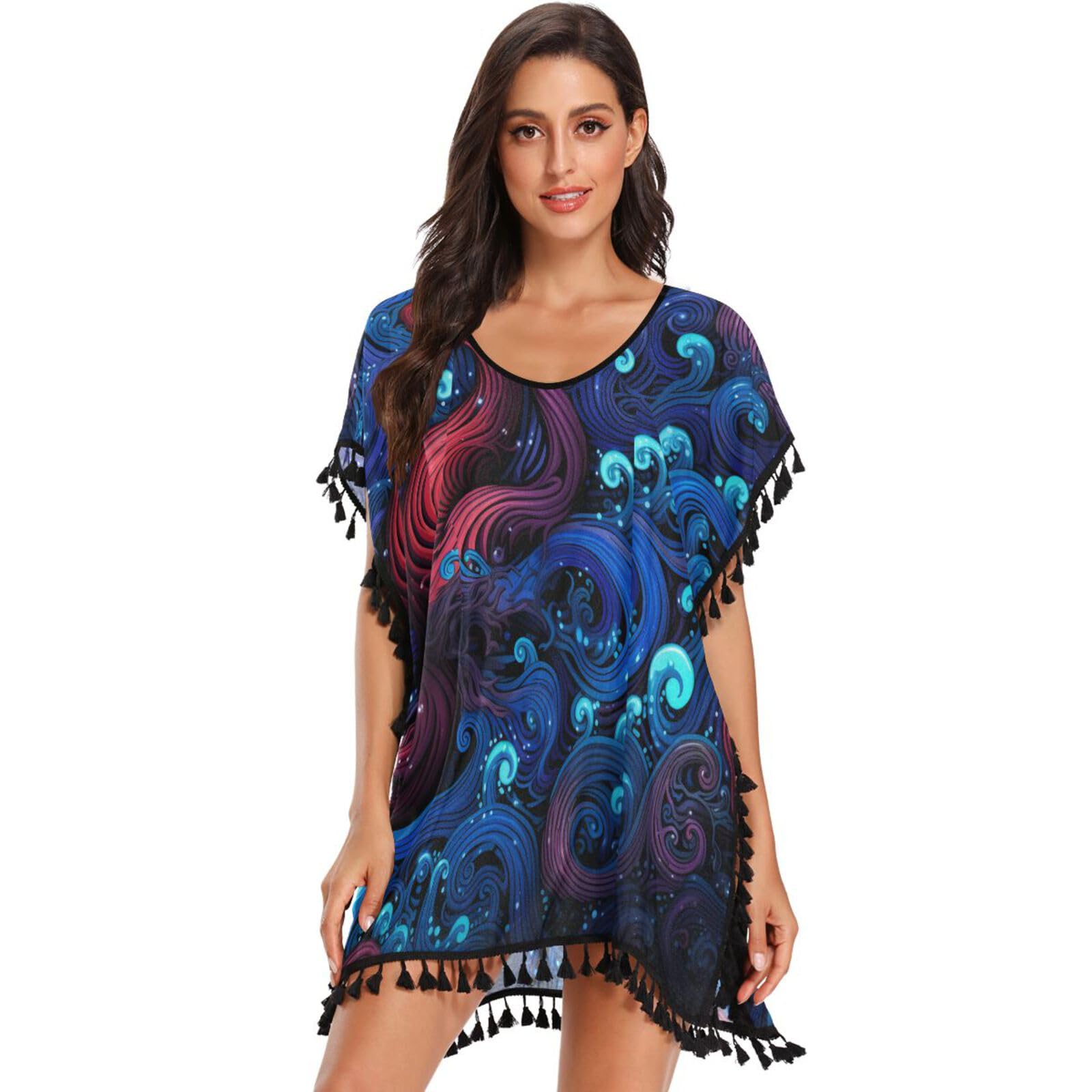 Red Octopus Abstract Purple Women's Beach Cover Up Chiffon Tassel Swimwear Swimsuit Coverups for Girl