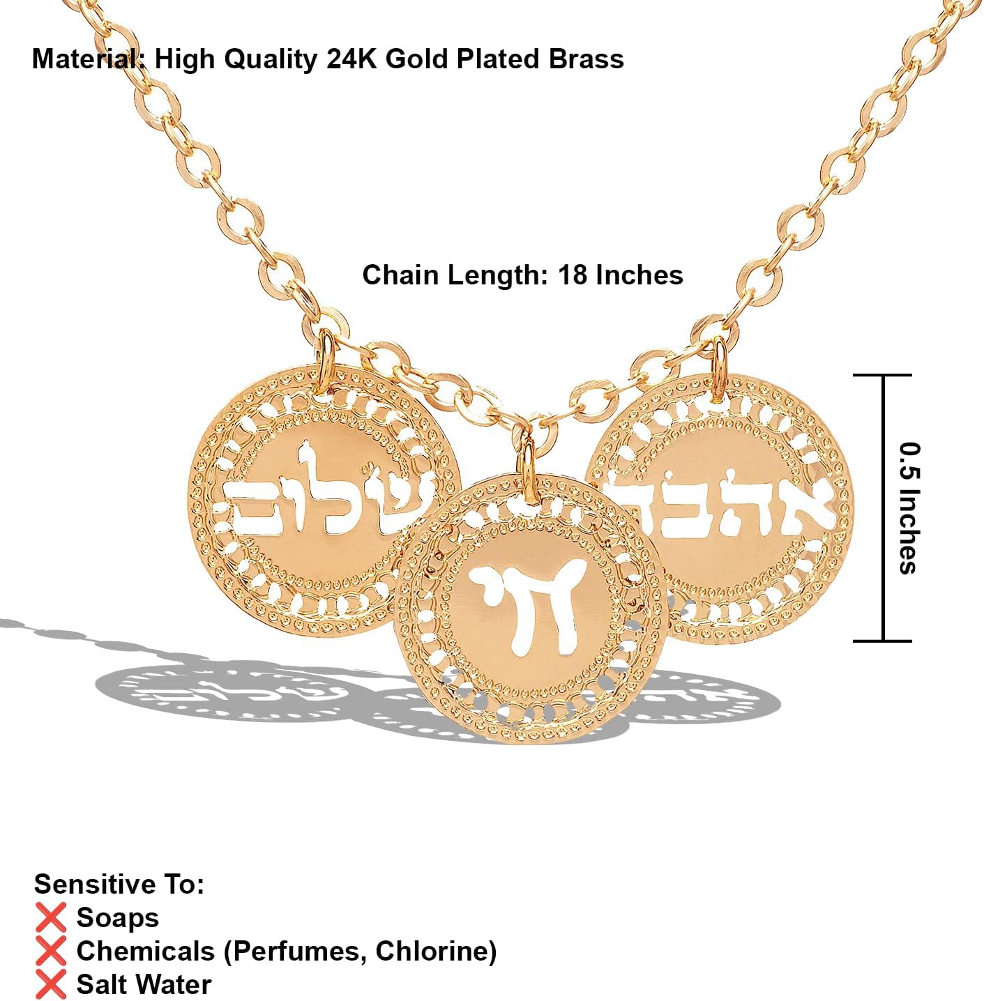 Gold Hebrew Necklace for Women – Chai, Ahava, Shalom Coin Charms – 18” Jewish Necklace – Love, Peace & Life, Handmade in Israel