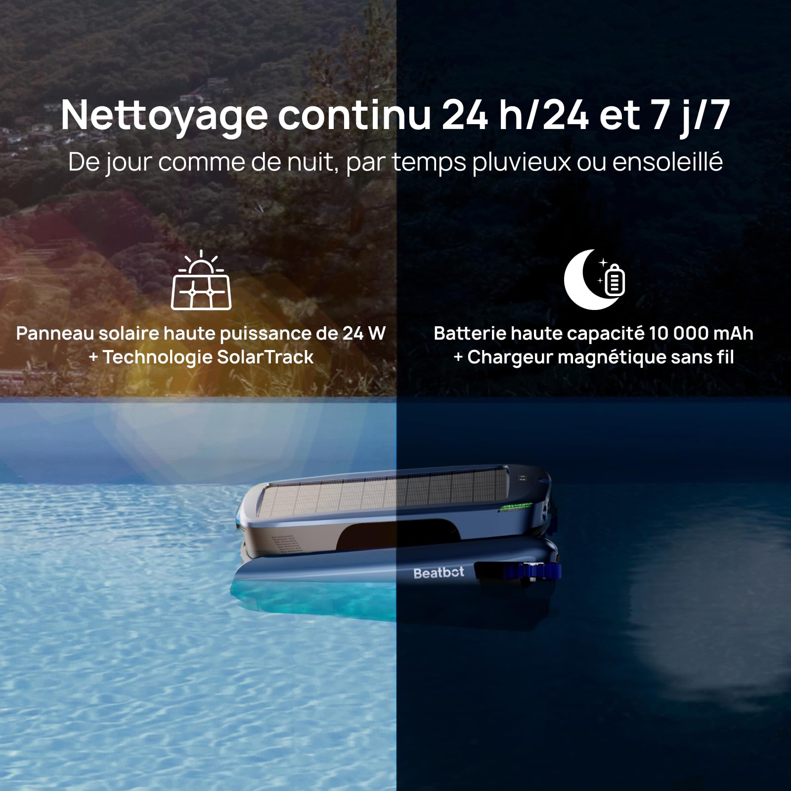 Beatbot iSkim Ultra Robot Piscine sans Fil Solaire,Double Recharge | Nettoyage Surface 24/7,Clarification Automatique de l’Eau,Contrôle App,Nettoyage Bords & Coins,Skimmer Piscine Intelligent
