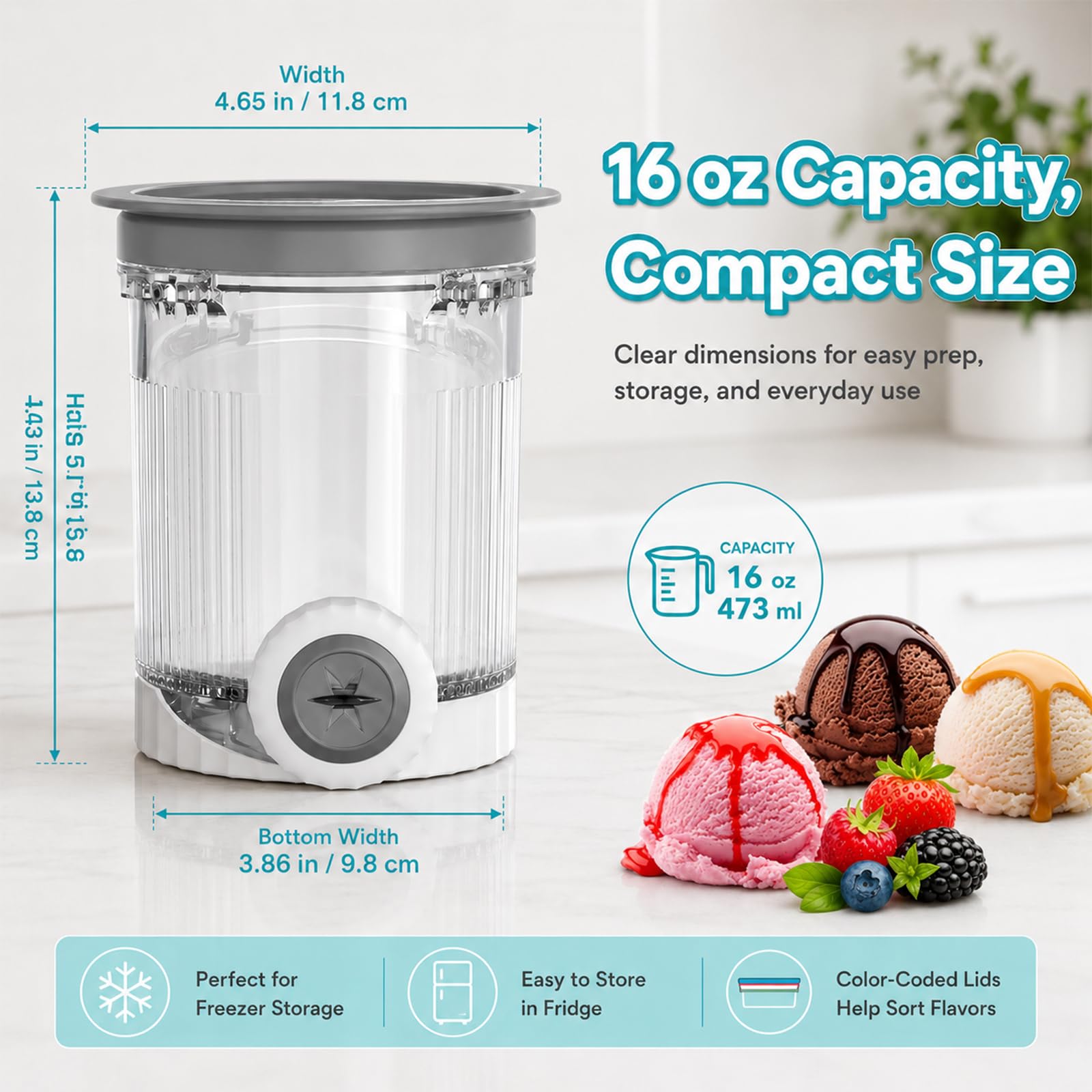 Juego de 4 recipientes compatibles con Ninja Swirl by CREAMi NC700 NC701 Serie, 473 ml, Recipiente para Hielo con Tapas de Colores y boquillas para máquina de Hielo, Vasos de Repuesto sin