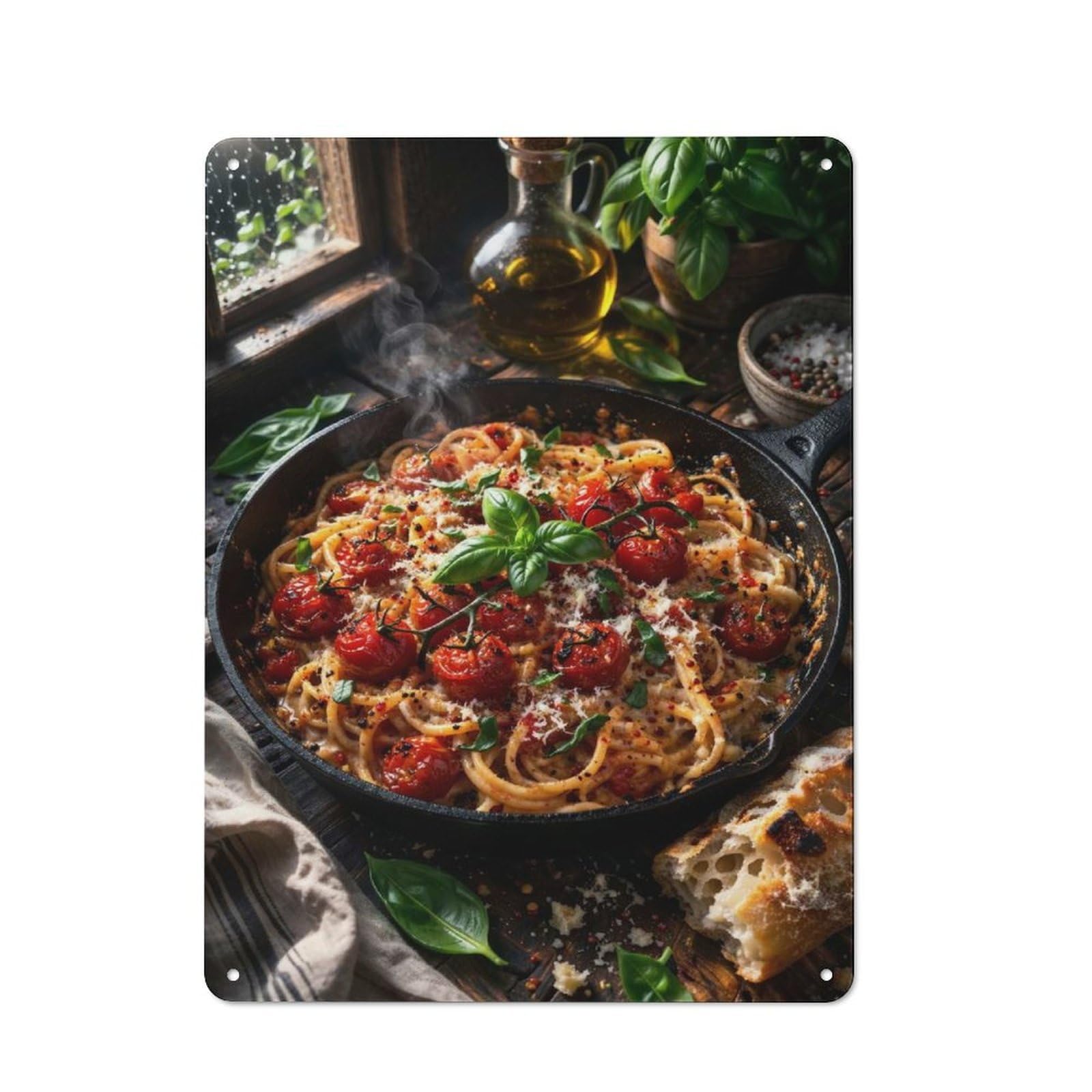 Retro Metal Plaque 40x30cm Featuring Spaghetti with Cherry Tomatoes And Basil for Workshop Wall, for Metal Sign Collectors, for Garage And Workshop Walls