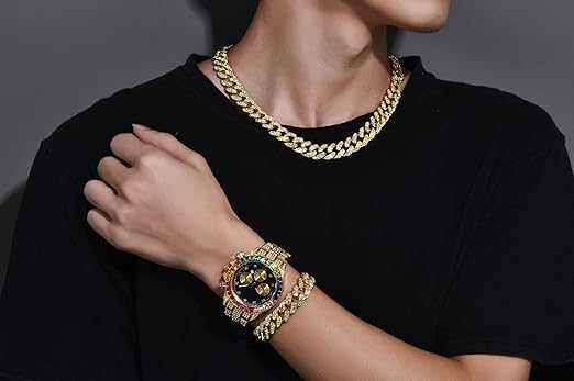 Halukakah Heren Diamanthorloge ○ Koning ○ 18K Goud/Platina Geplateerd, Strass-bezette Armband, Handgezette Laboratoriumdiamanten, Optioneel met Cubaanse Ketting Halsketting Armband, Geschenkdoos